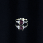 Certified Rhodolite Emerald Cut Engagement Ring with Diamond Trio AAA 14K Yellow Gold Plated Silver - Rosec Jewels