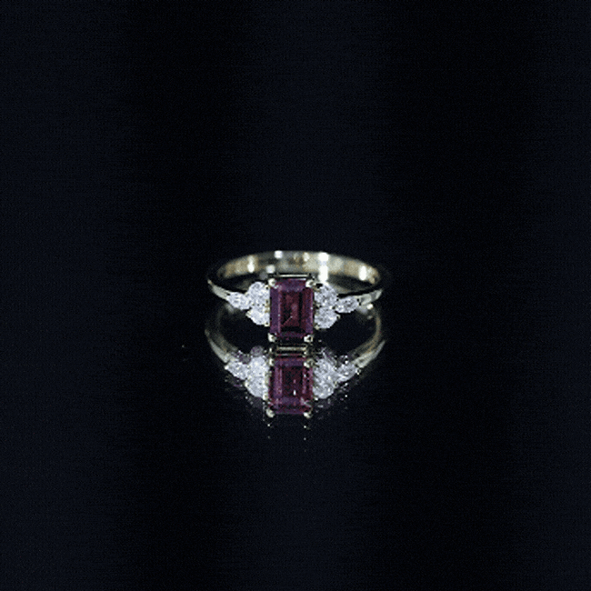 Certified Rhodolite Emerald Cut Engagement Ring with Diamond Trio AAA 14K Yellow Gold Plated Silver - Rosec Jewels