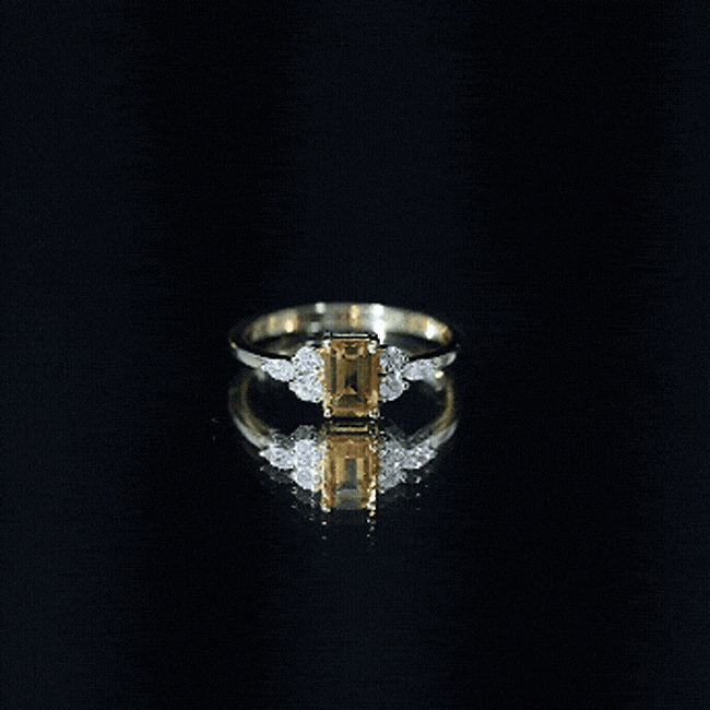 Natural 0.6 Carat Citrine Emerald Cut Engagement Ring with Diamond Trio AAA 14K Yellow Gold Plated Silver - Rosec Jewels