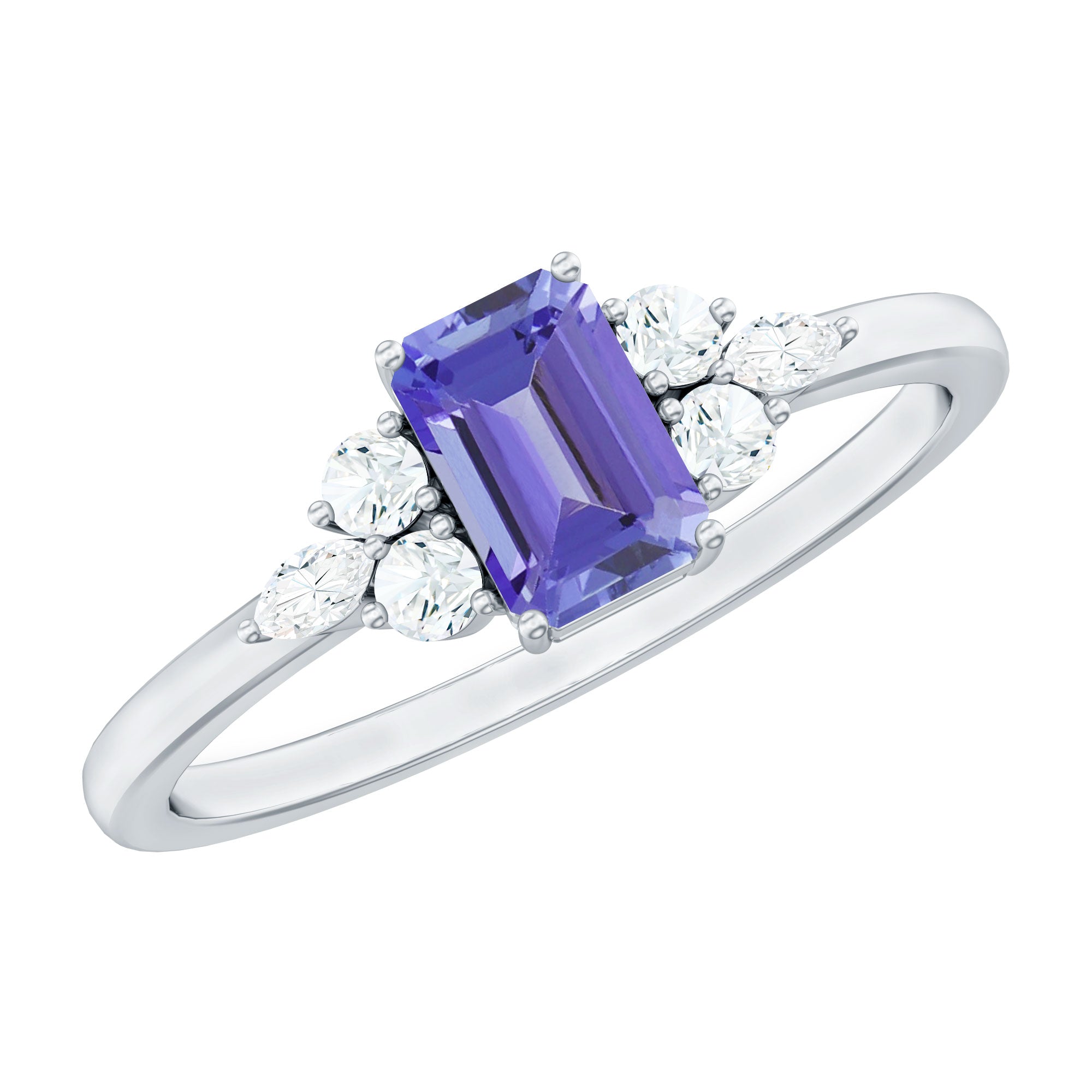 Rosec Jewels-Emerald Cut Tanzanite and Diamond Promise Ring in Silver