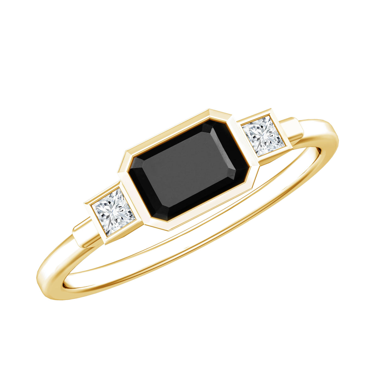Lab Grown Black Diamond Bezel Set Engagement Ring For Women AAAA ( Synthetic ) 14K Yellow Gold Plated Silver - Rosec Jewels