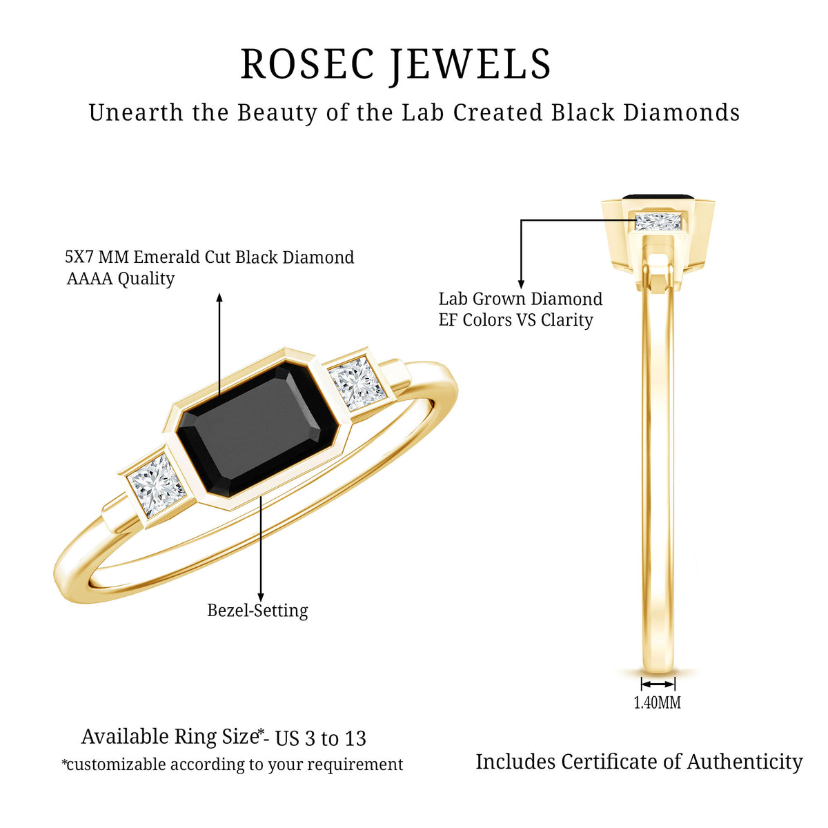 Lab Grown Black Diamond Bezel Set Engagement Ring For Women AAAA ( Synthetic ) 14K Yellow Gold Plated Silver - Rosec Jewels