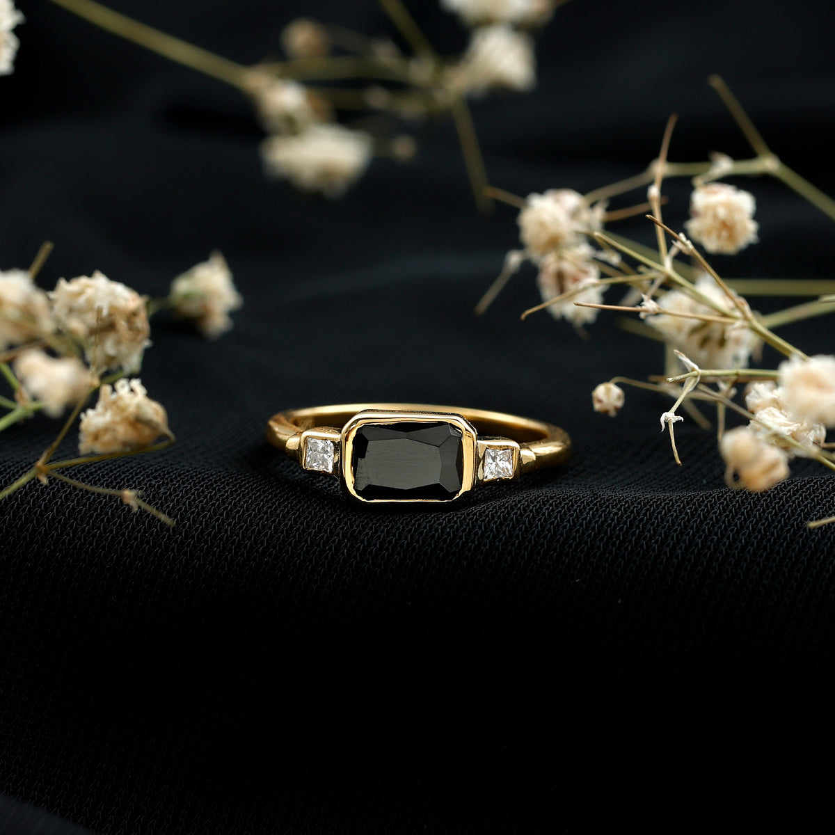Lab Grown Black Diamond Bezel Set Engagement Ring For Women AAAA ( Synthetic ) 14K Yellow Gold Plated Silver - Rosec Jewels