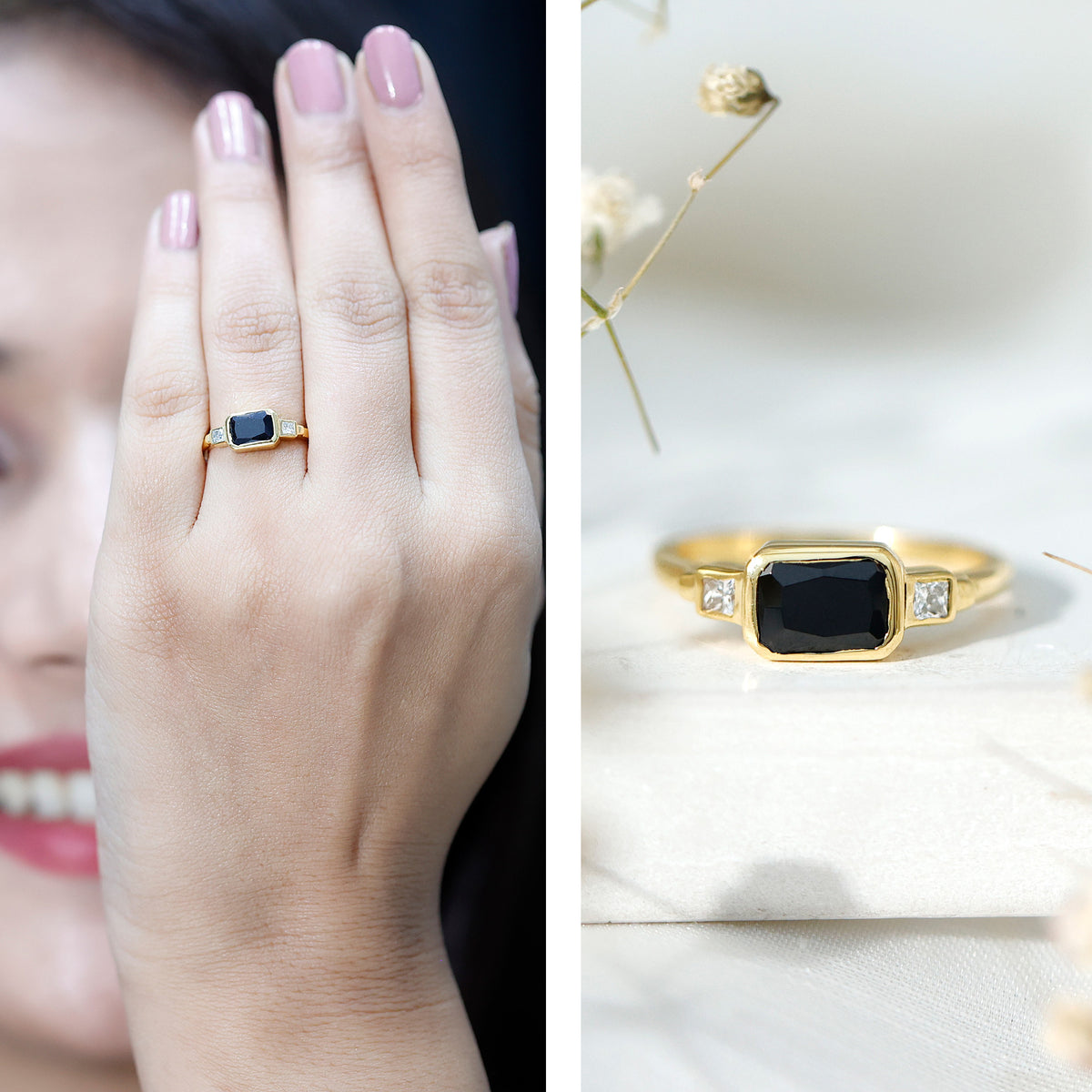 Lab Grown Black Diamond Bezel Set Engagement Ring For Women AAAA ( Synthetic ) 14K Yellow Gold Plated Silver - Rosec Jewels