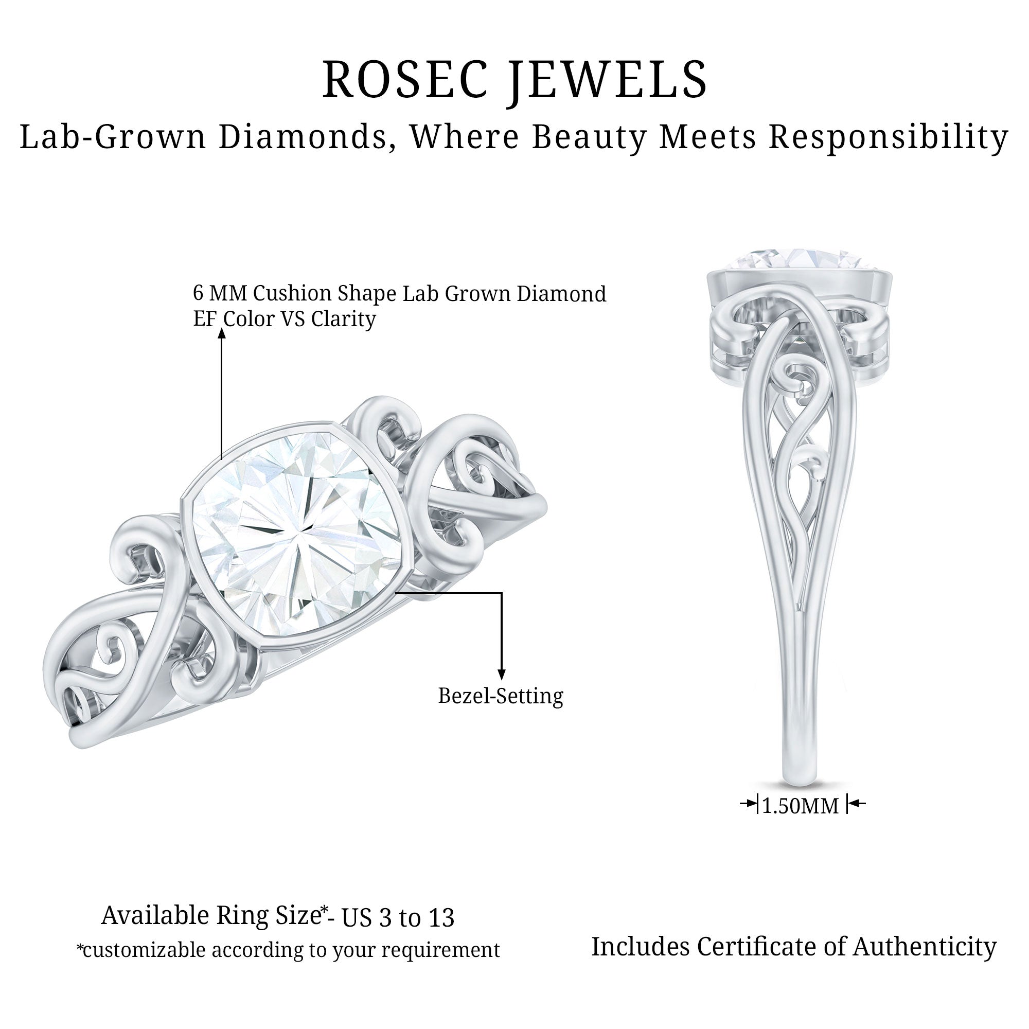 Rosec Jewels-1 Carat Lab Grown Diamond Cushion Engagement Ring