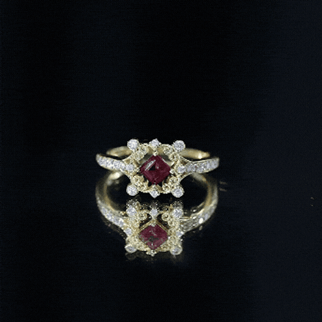 Certified Lab Grown Ruby Diamond Retro Engagement Ring AAAA 14K Yellow Gold Plated Silver - Rosec Jewels