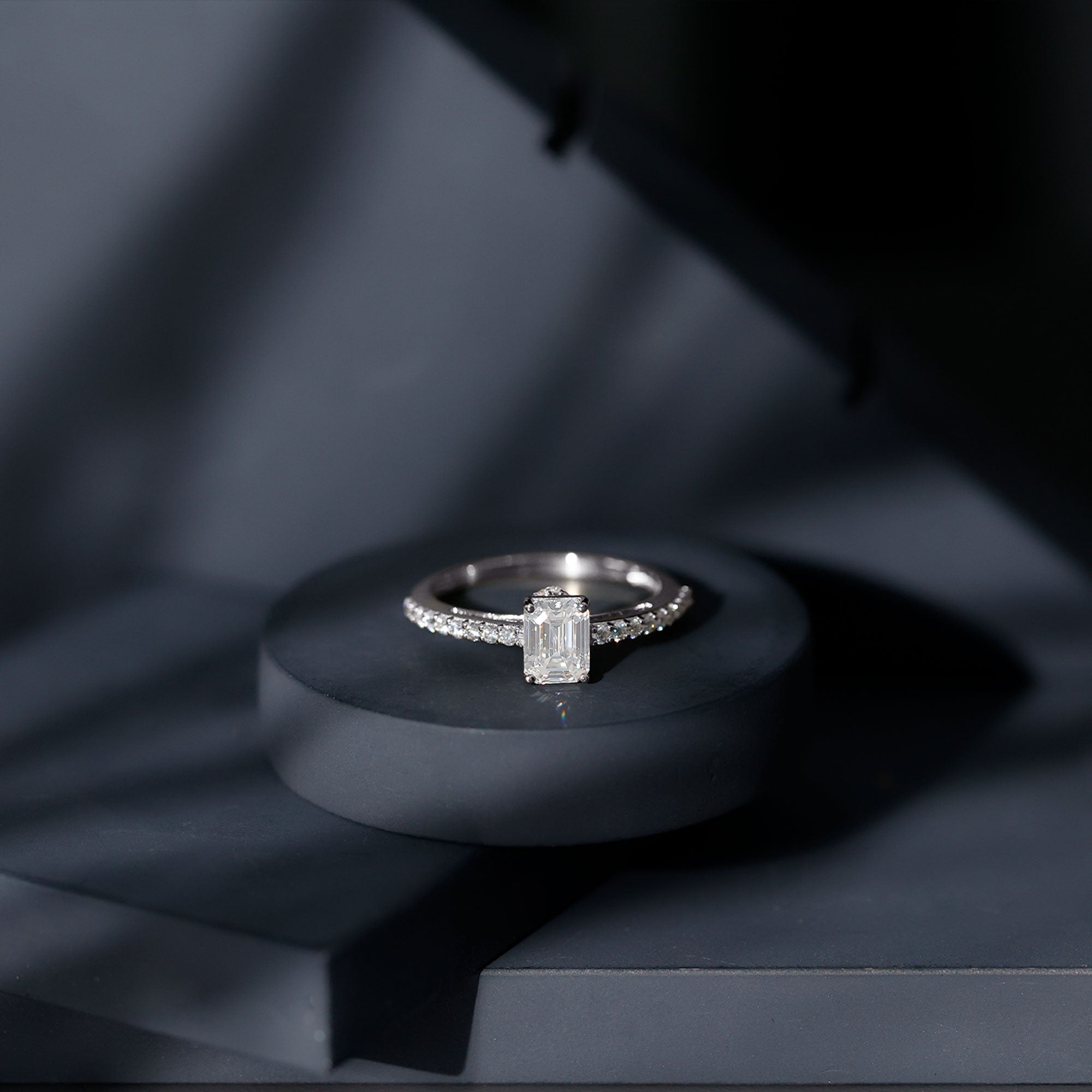 Rosec Jewels-Diamond Emerald Cut Engagement Ring With Hidden Halo