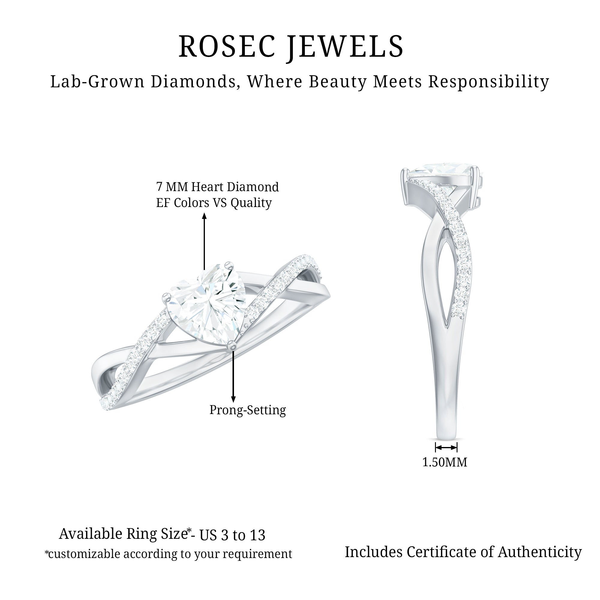 Rosec Jewels-Lab Created Diamond Heart Crossover Engagement Ring