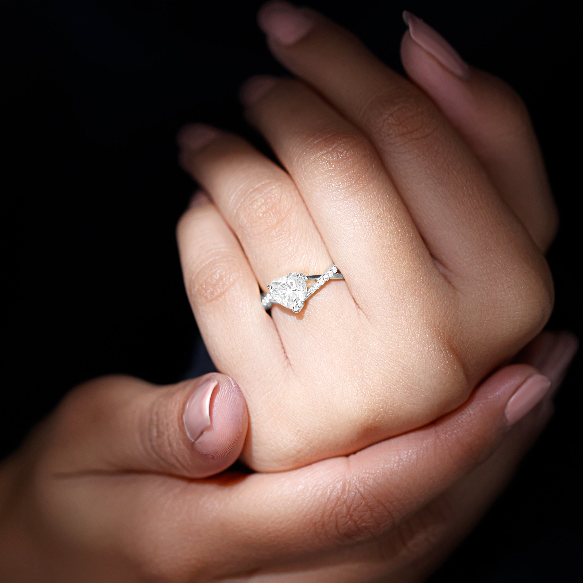 Lab Created Diamond Heart Crossover Engagement Ring Lab - ( EF-VS ) - Rosec Jewels