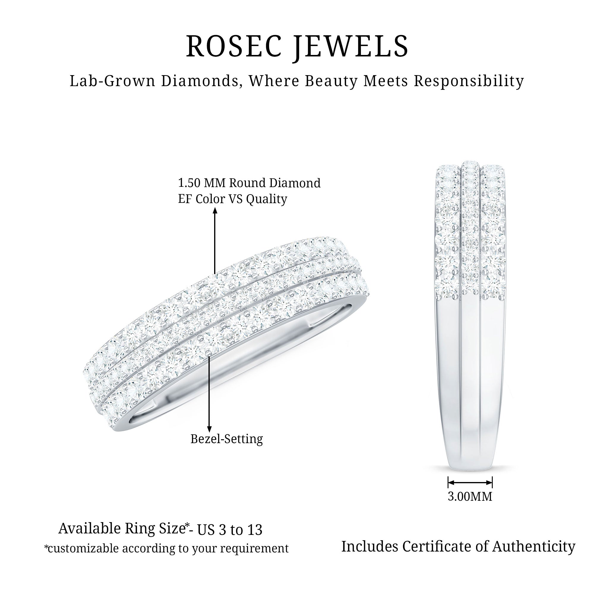 Rosec Jewels-Certified Lab Grown Diamond 3 Row Wedding Band