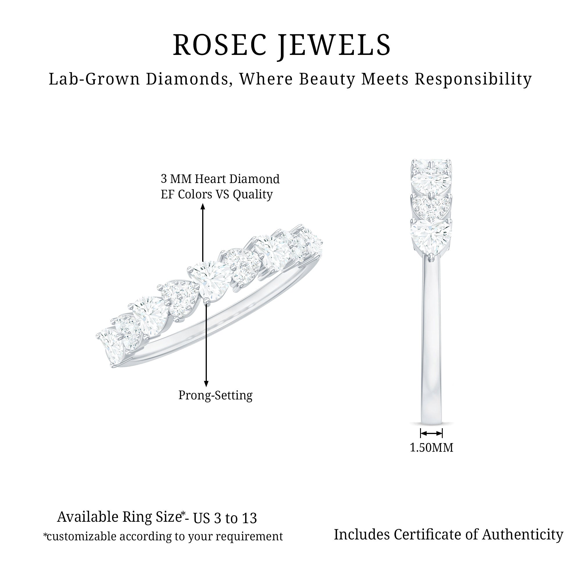 Rosec Jewels-Brilliant Cut Lab Grown Diamond Heart Wedding Band Ring