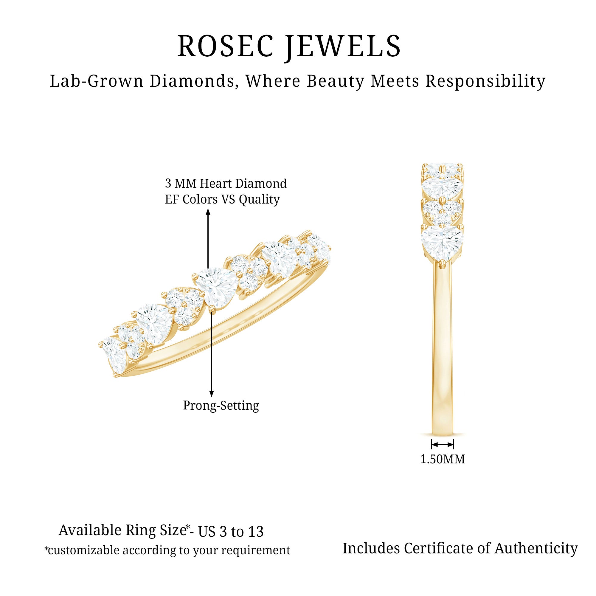 Rosec Jewels-Brilliant Cut Lab Grown Diamond Heart Wedding Band Ring