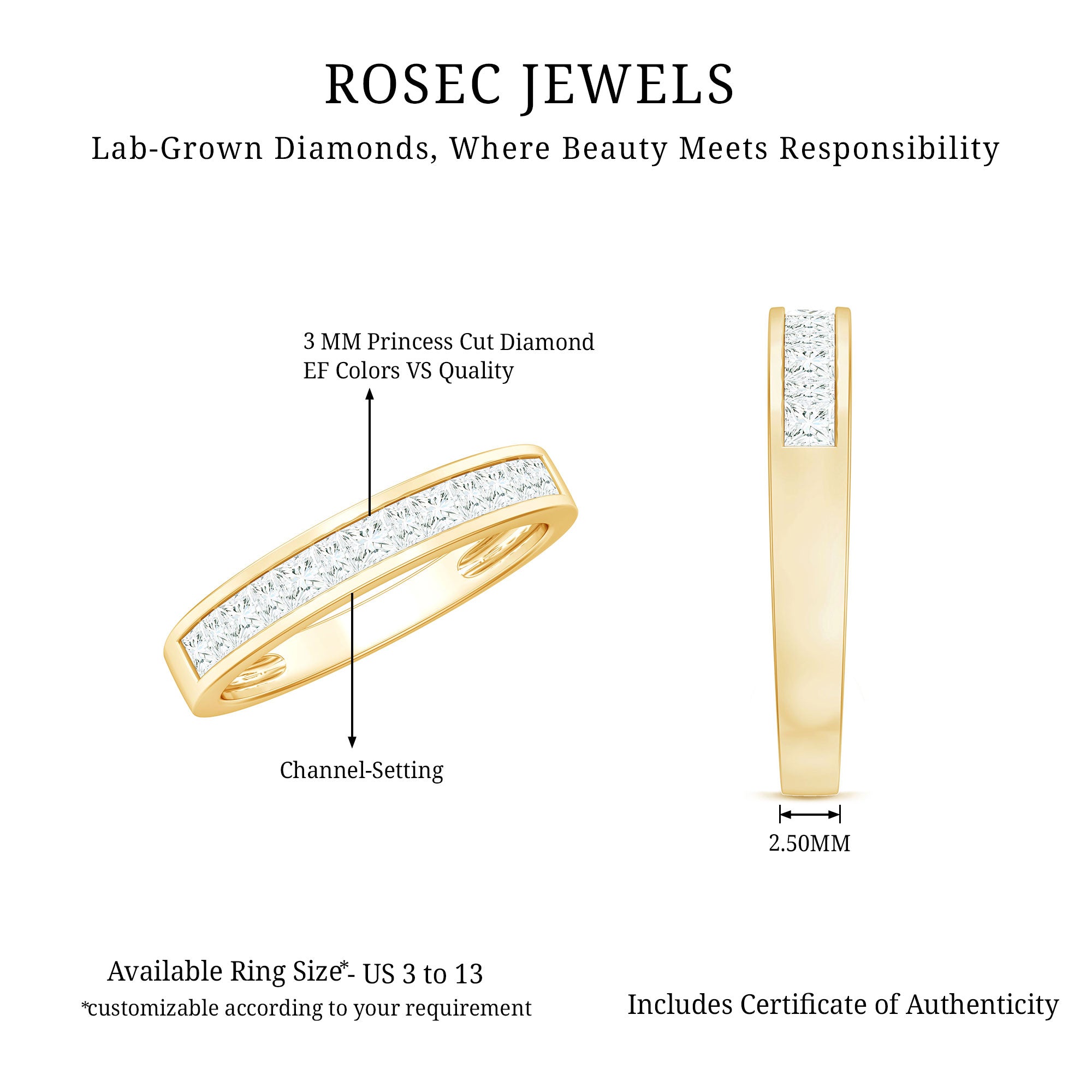 Rosec Jewels-Certified Brilliant Cut Diamond Princess Cut Wedding Band