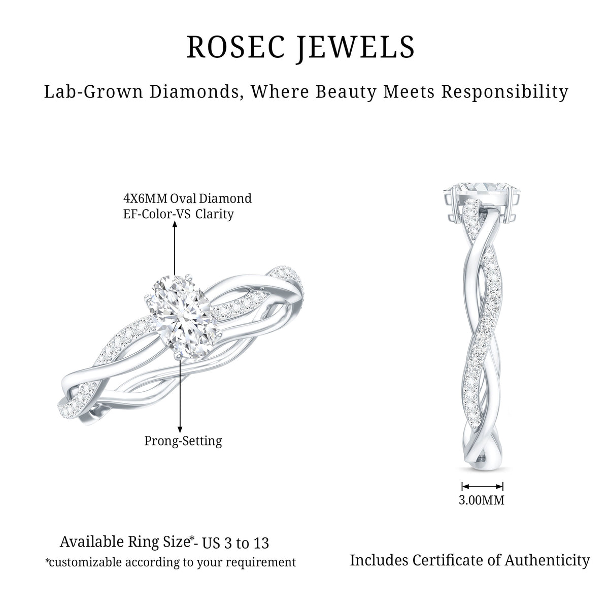 Lab Grown Diamond Promise Ring With Twisted Shank Lab - ( EF-VS ) - Rosec Jewels