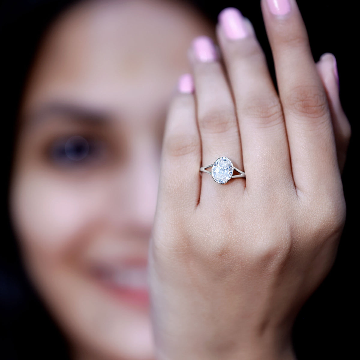 Bezel Set Oval Lab Created Diamond Solitaire Ring For Women Lab - ( EF-VS ) - Rosec Jewels
