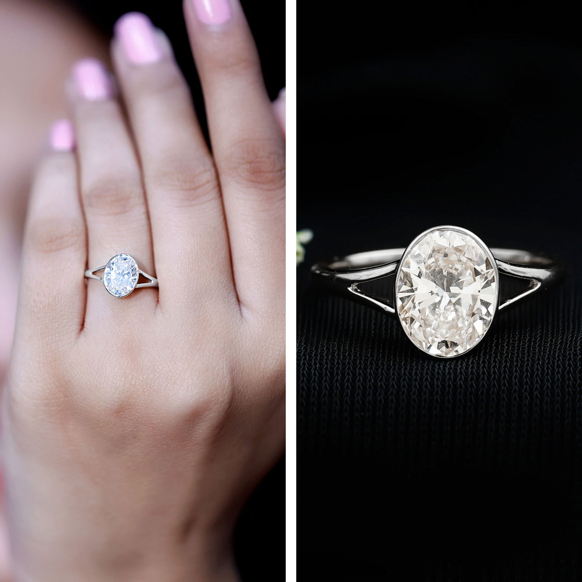 Bezel Set Oval Lab Created Diamond Solitaire Ring For Women Lab - ( EF-VS ) - Rosec Jewels