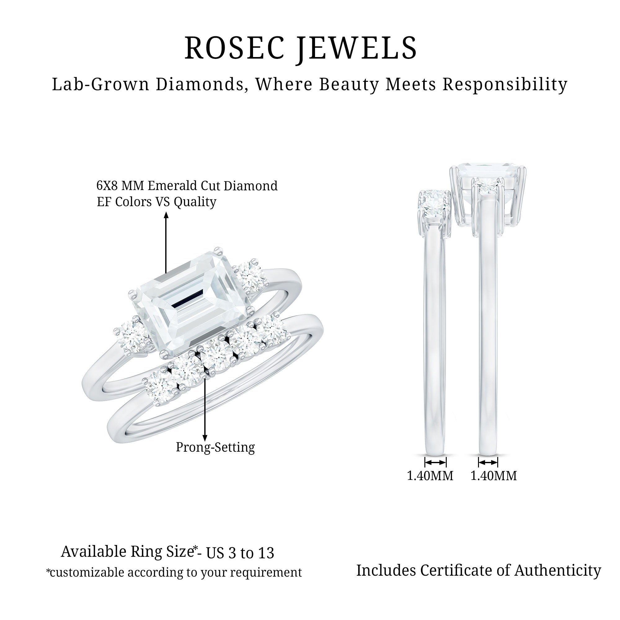 Rosec Jewels-Lab Diamond Emerald Cut Engagement Ring With Band