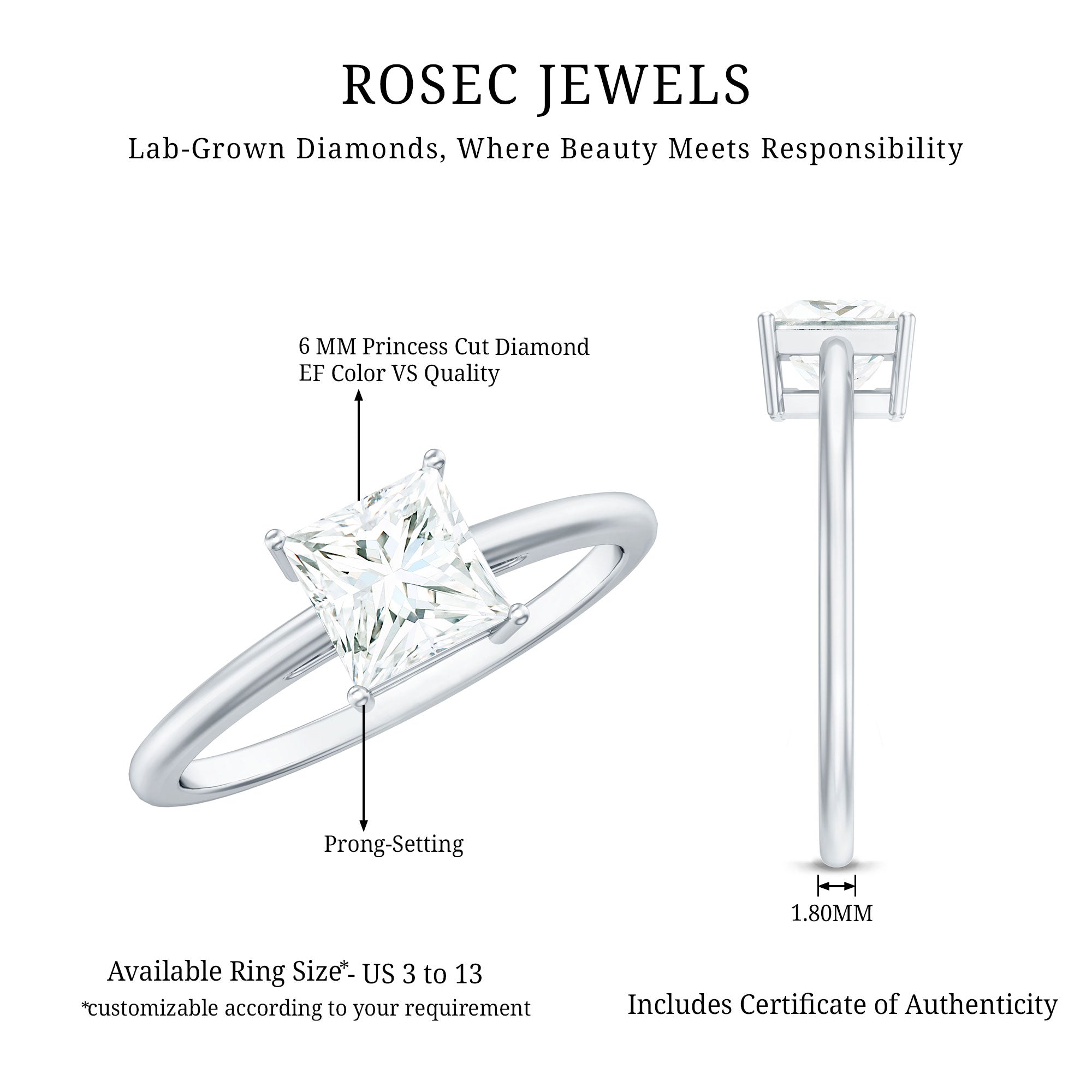 Rosec Jewels-Certified Lab Grown Diamond 6 mm Square Cut Engagement Ring