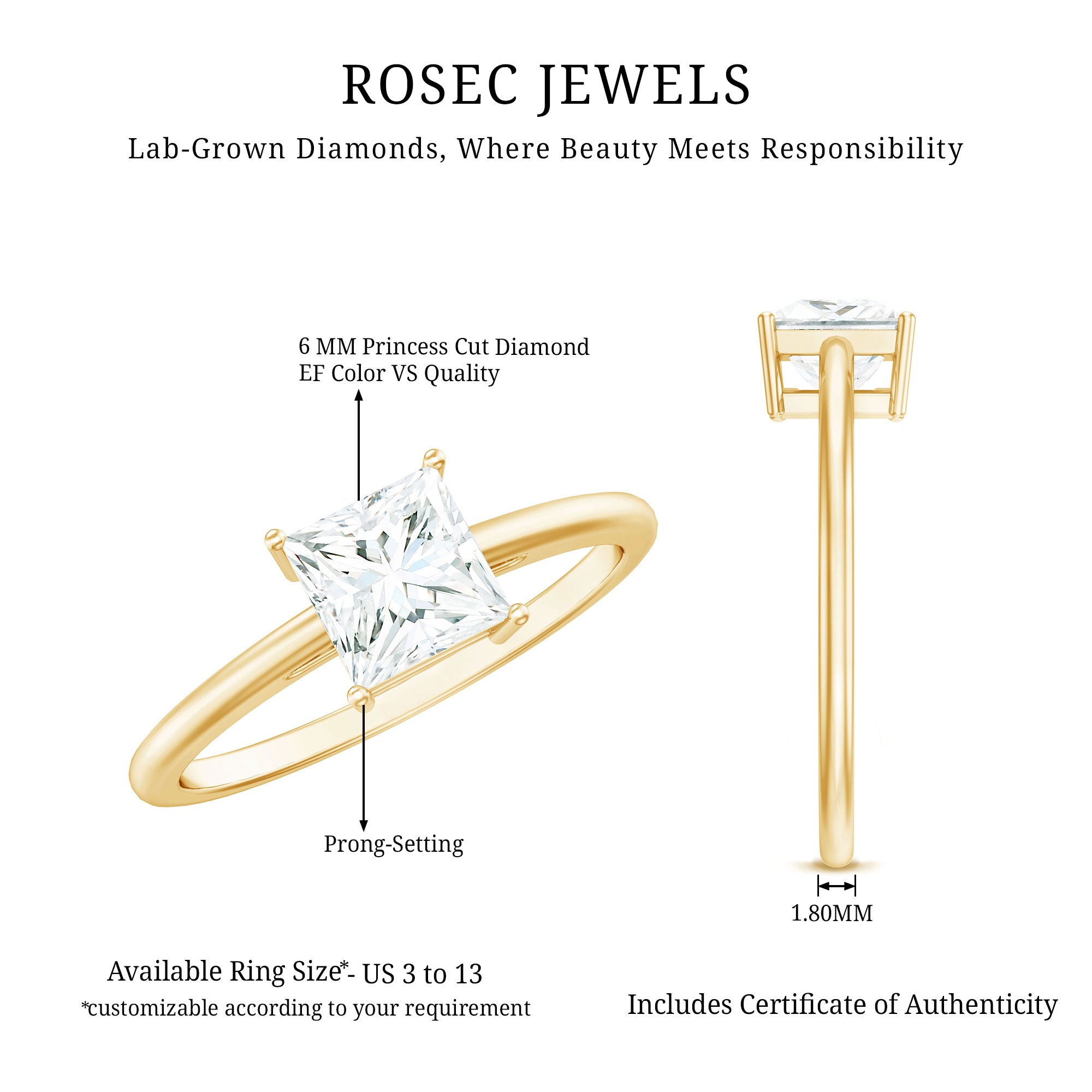 Rosec Jewels-Certified Lab Grown Diamond 6 mm Square Cut Engagement Ring