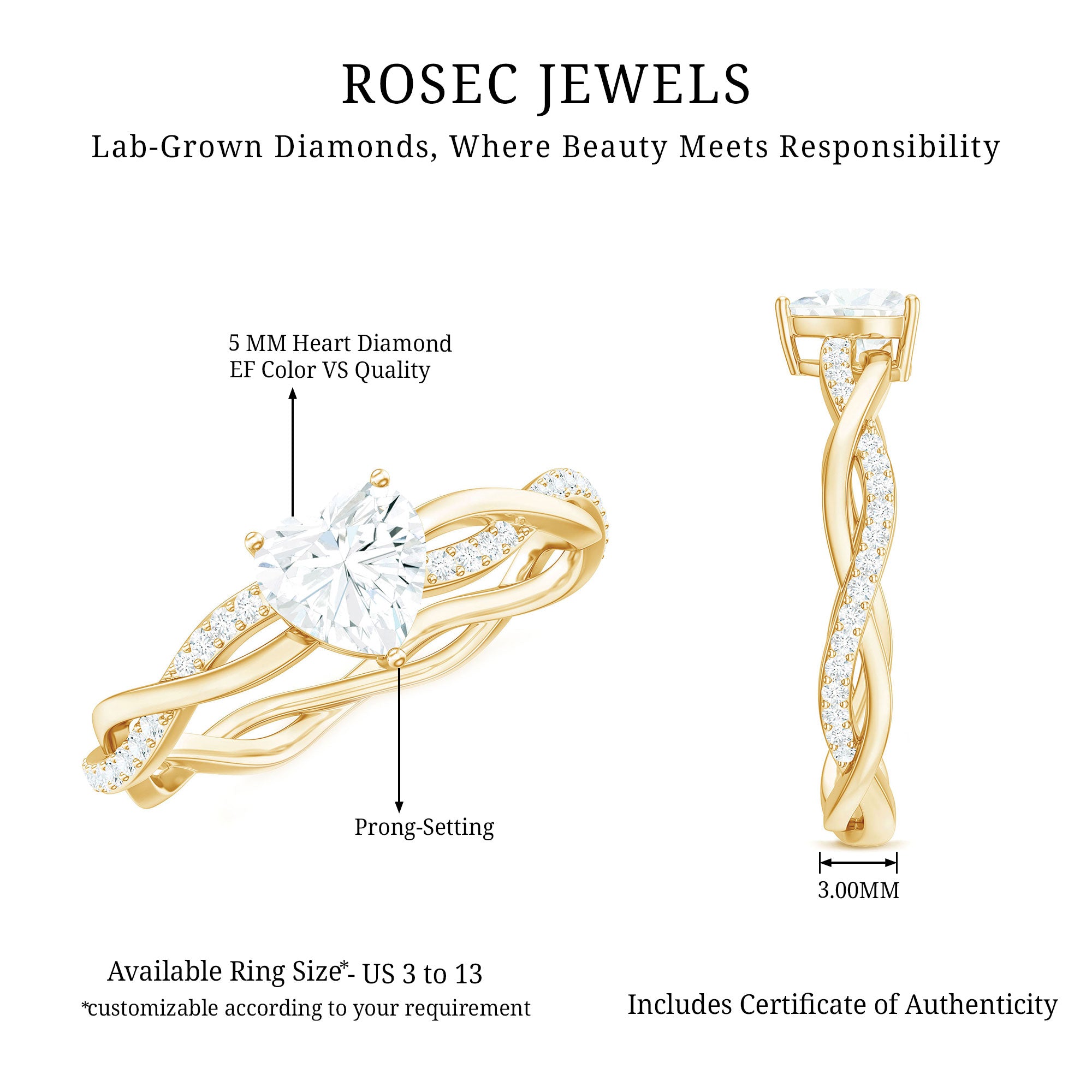 Rosec Jewels-5 MM Heart Shaped Diamond Ring For Women