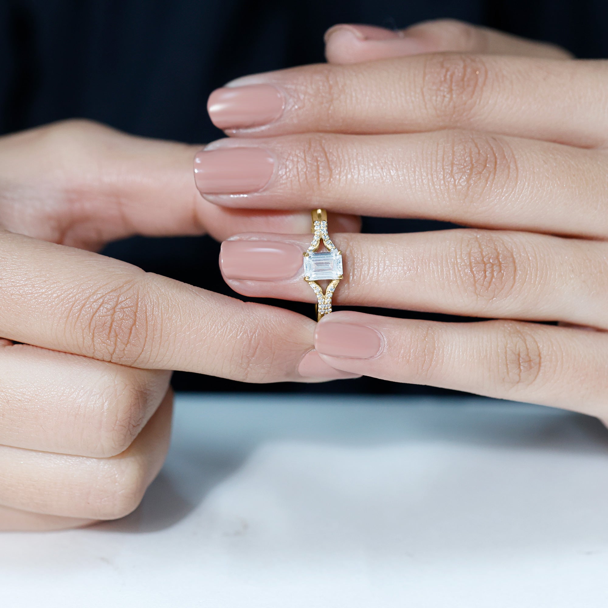 Rosec Jewels-Emerald Cut Lab Diamond Engagement Ring With Split Shank Ring