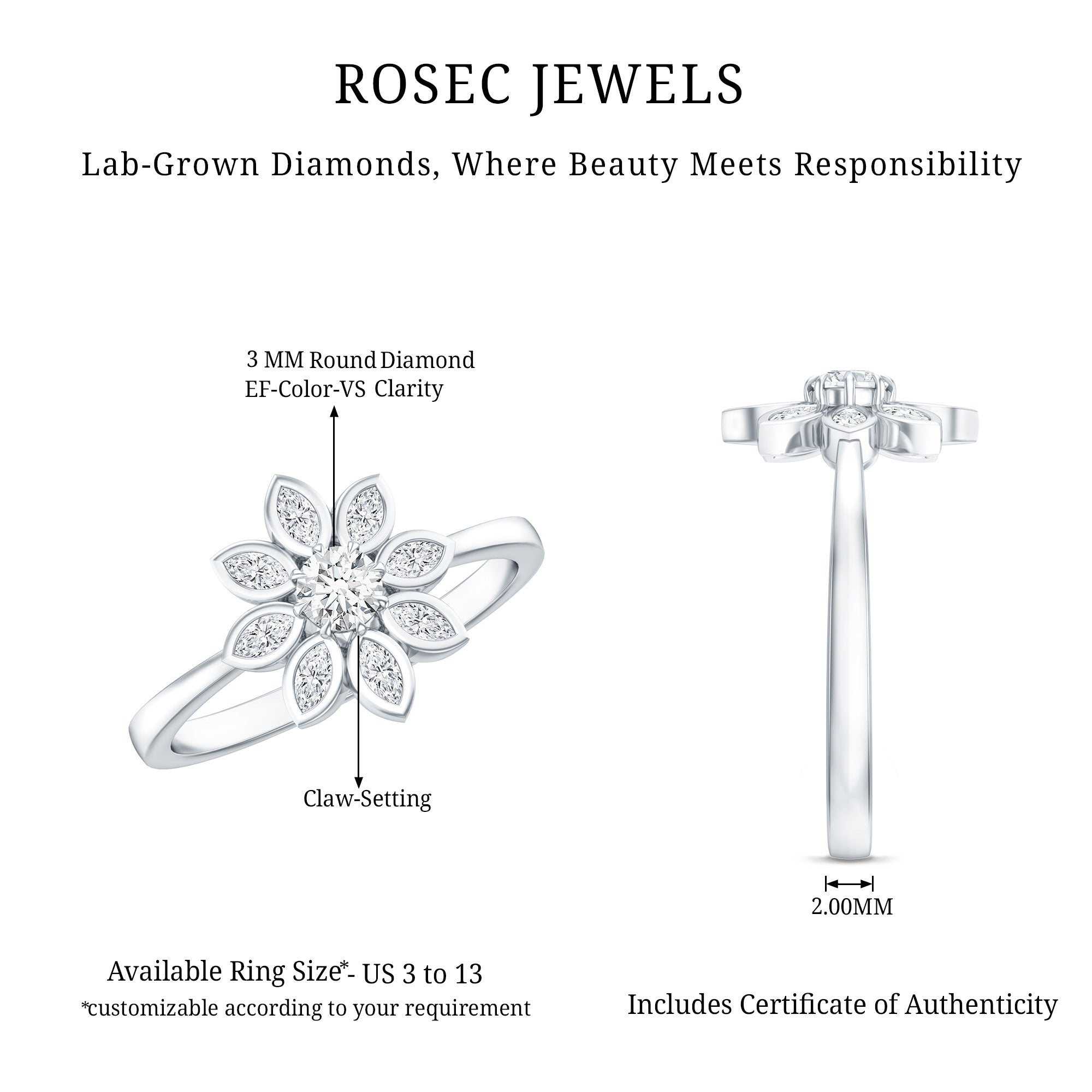 Brilliant Cut Lab Grown Diamond Flower Cocktail Ring Lab - ( EF-VS ) - Rosec Jewels