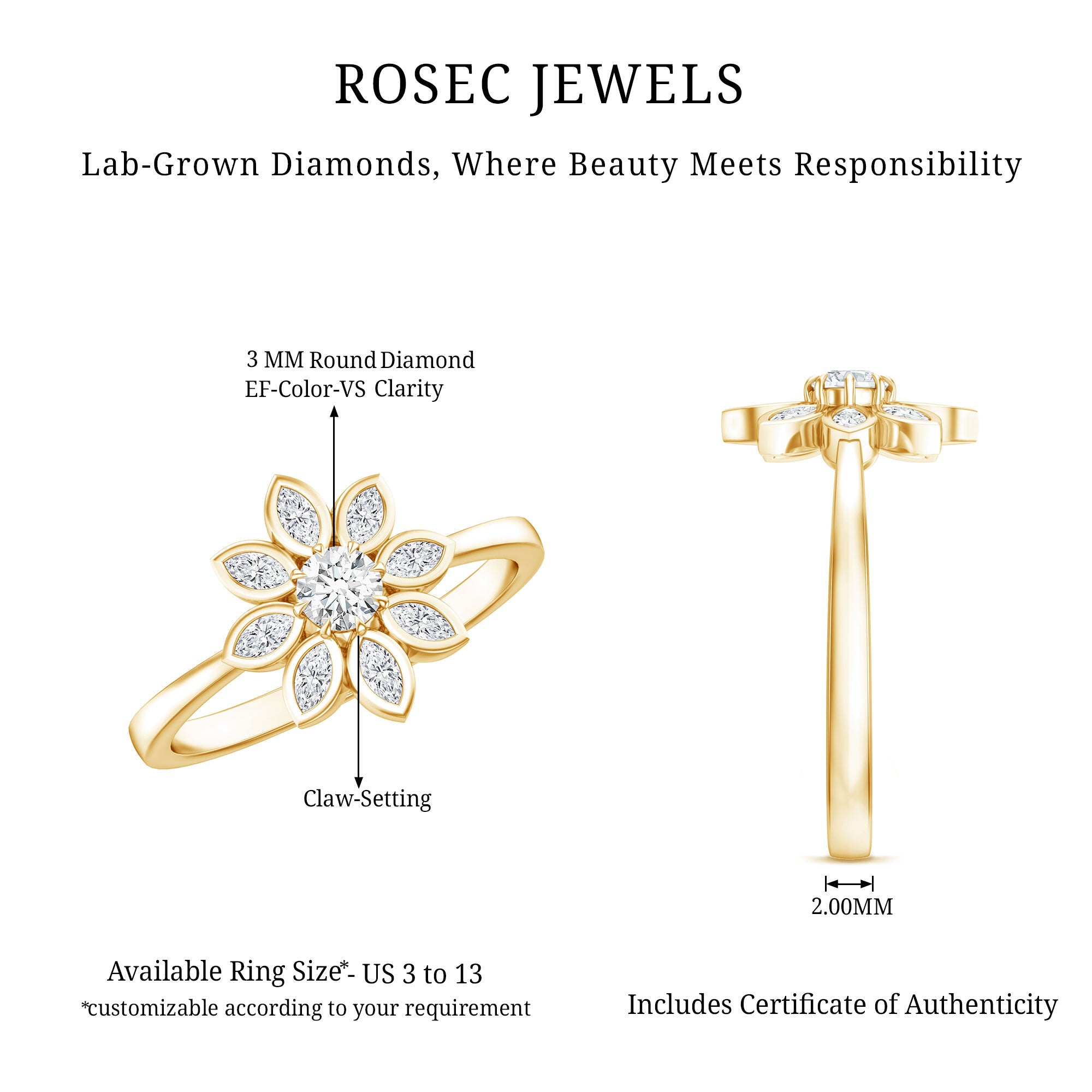 Brilliant Cut Lab Grown Diamond Flower Cocktail Ring Lab - ( EF-VS ) - Rosec Jewels