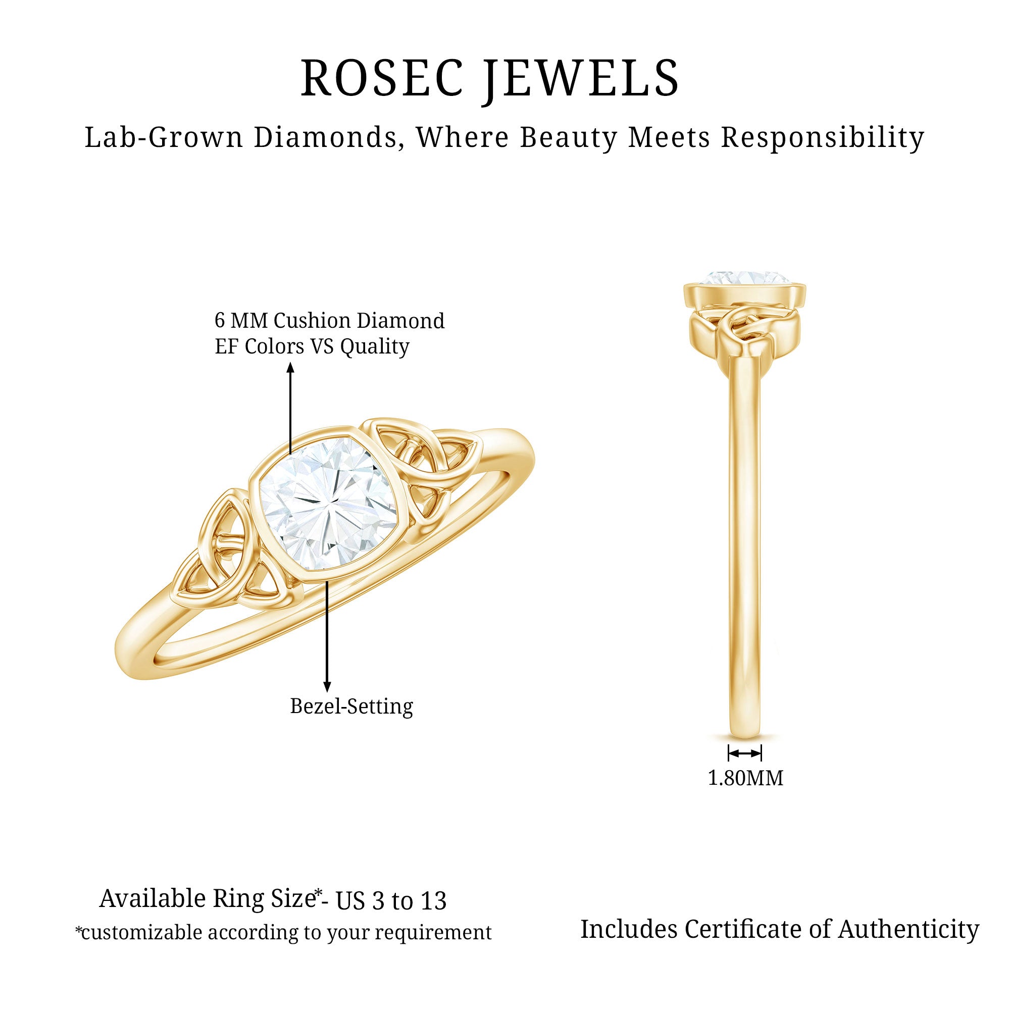 Rosec Jewels-Certified Cushion Cut Diamond Knot Promise Ring