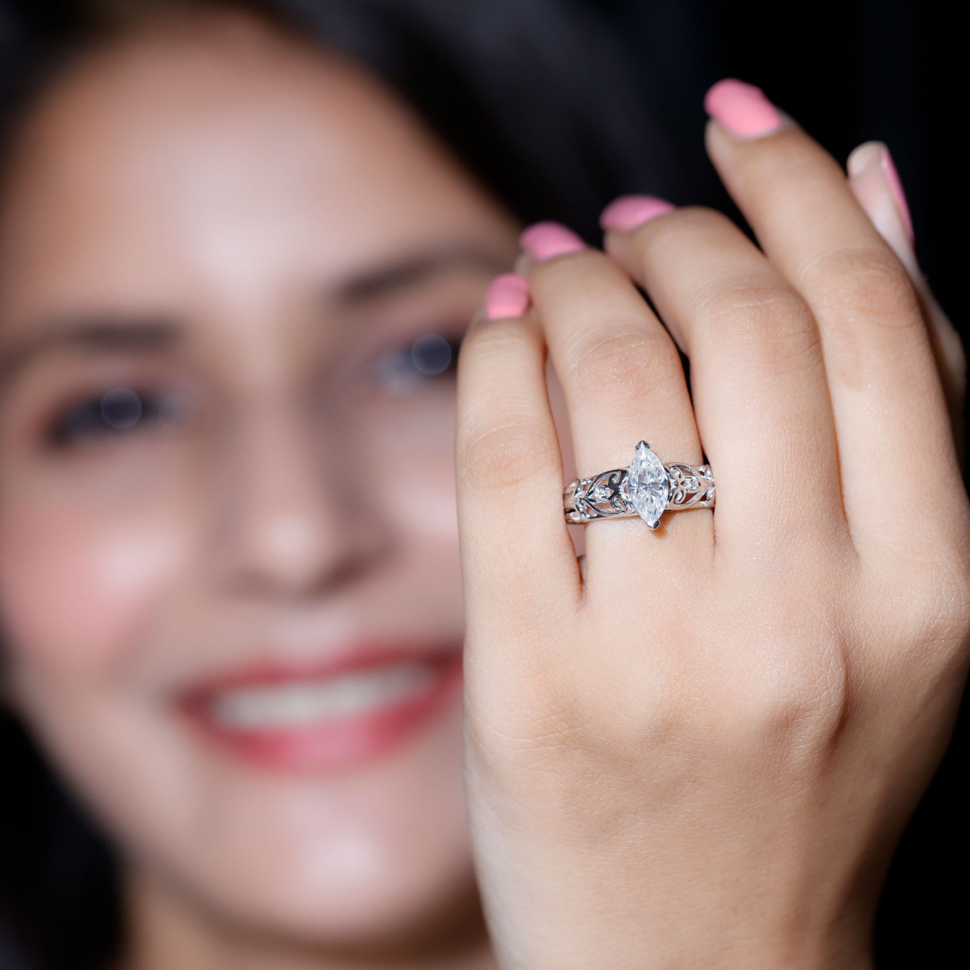 Rosec Jewels-Marquise Cut Lab Grown Diamond Solitaire Filigree Engagement Ring