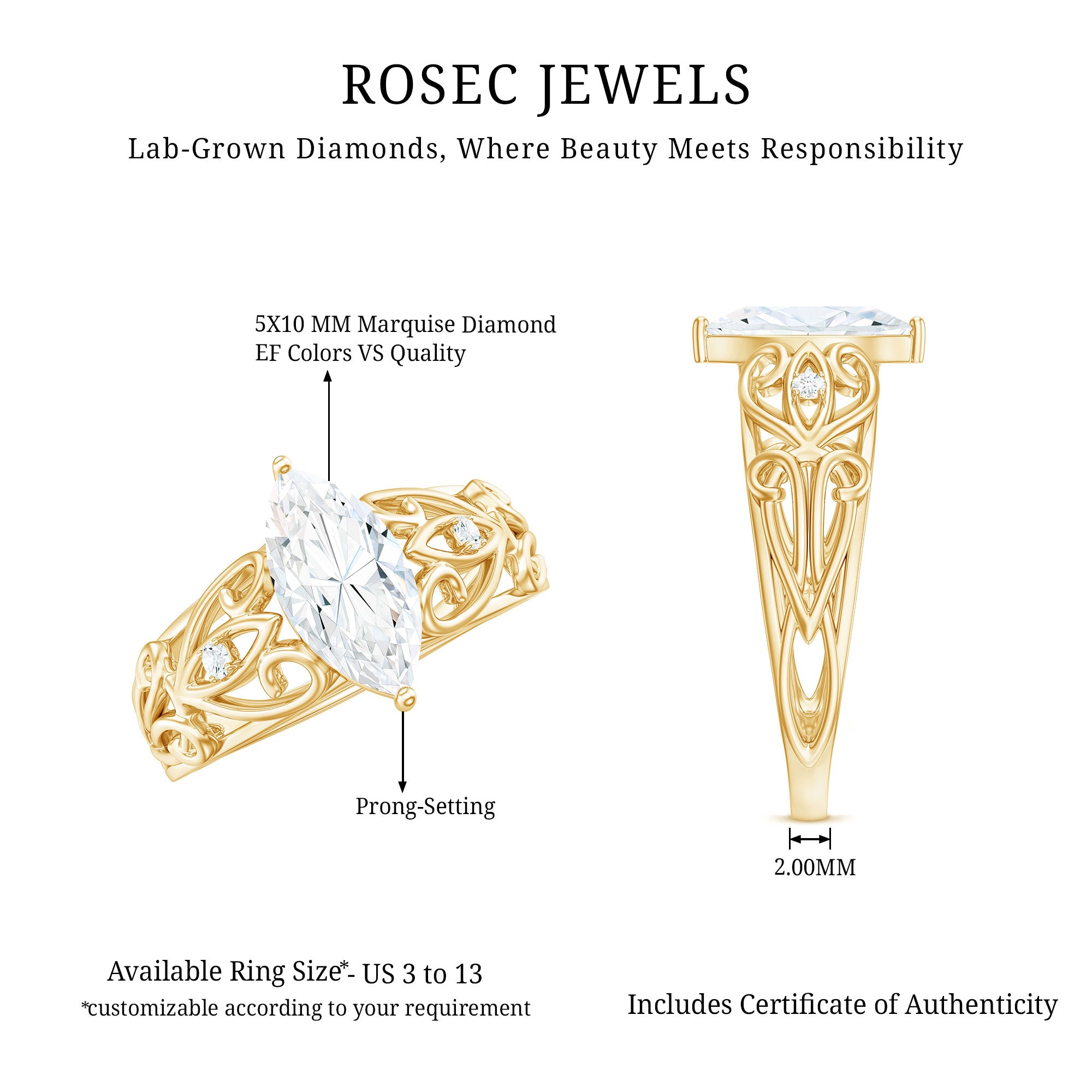 Rosec Jewels-Marquise Cut Lab Grown Diamond Solitaire Filigree Engagement Ring