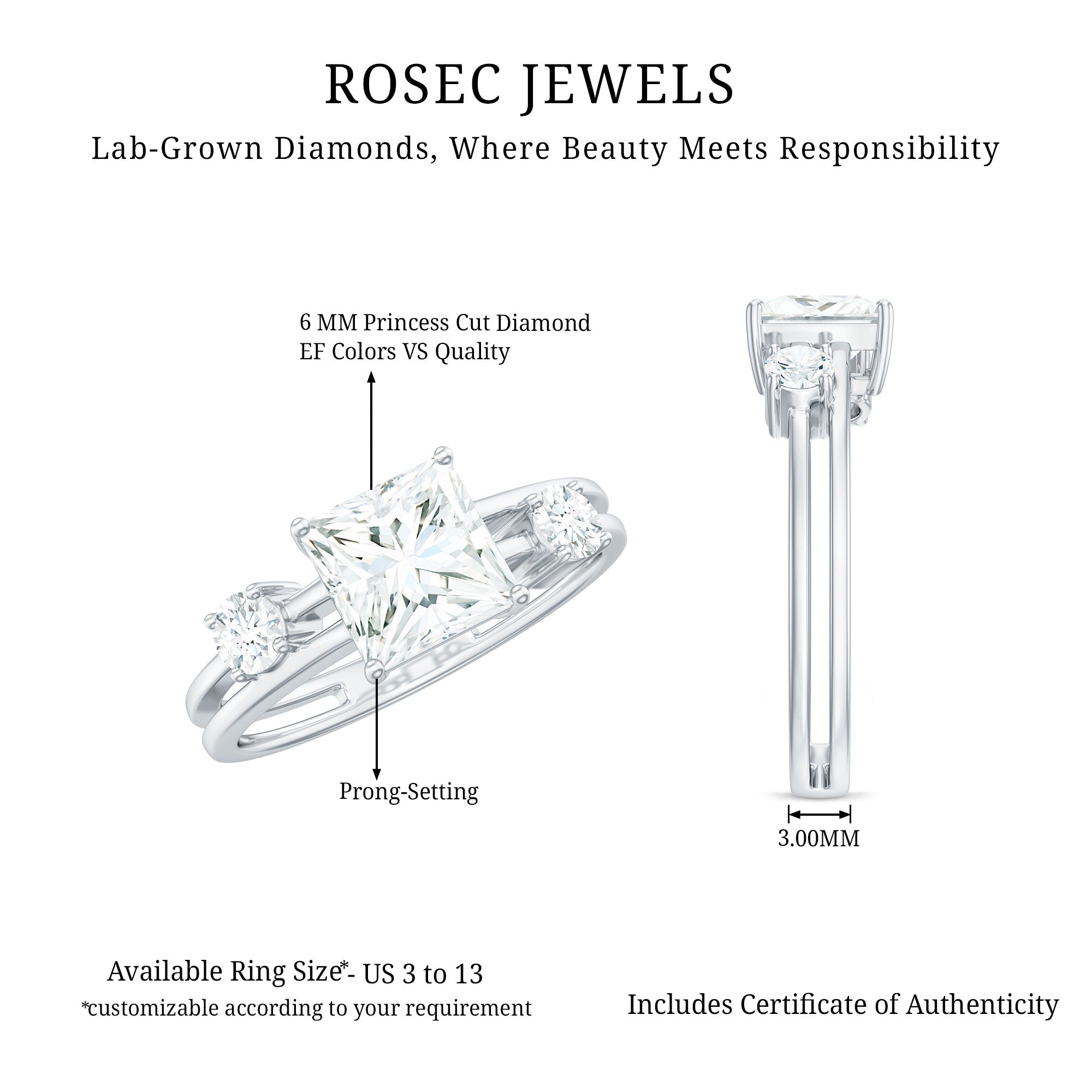Rosec Jewels-Princess Cut Lab Grown Diamond Double Band Ring