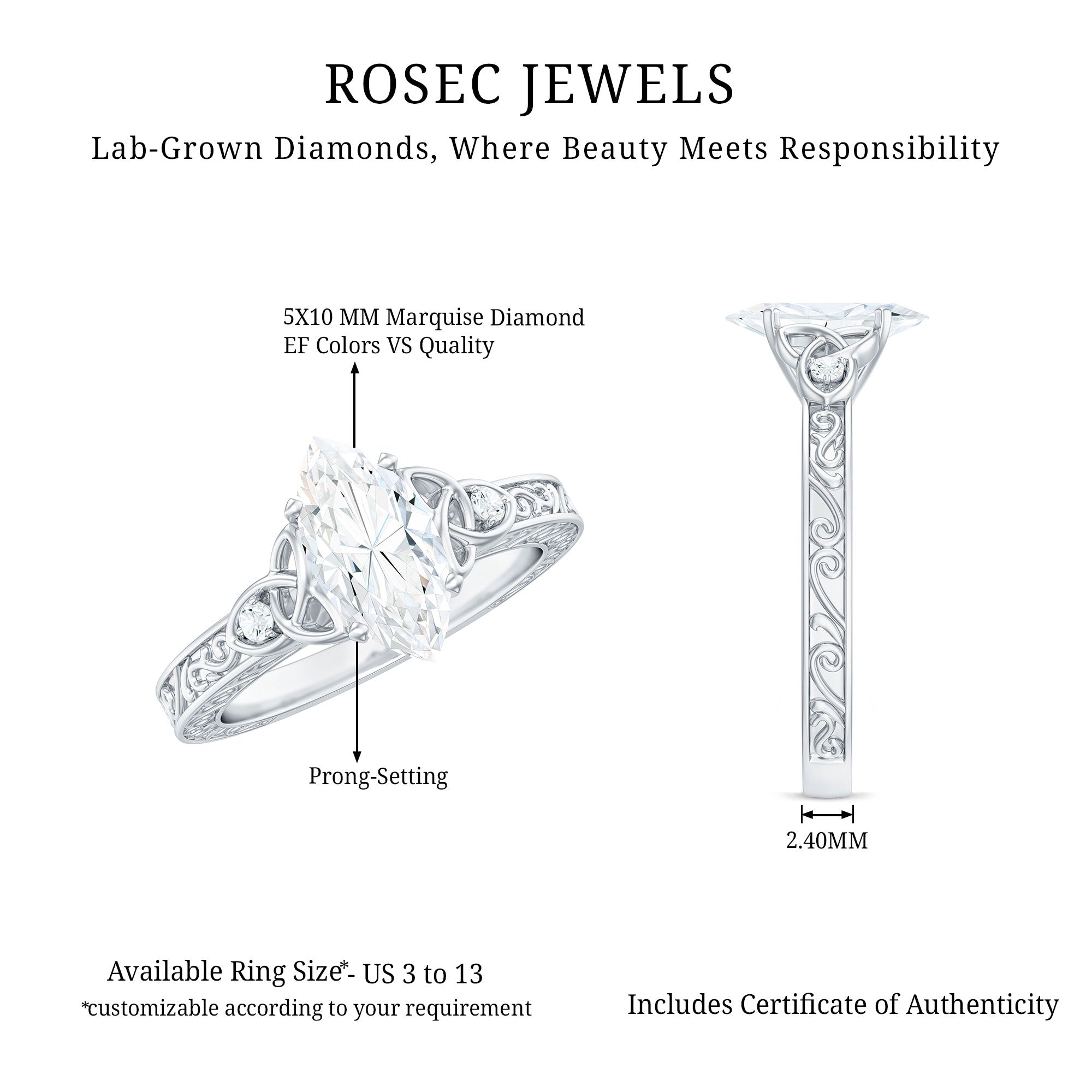 Rosec Jewels-Lab Grown Diamond Marquise Engagement Ring with Celtic Knot Detail