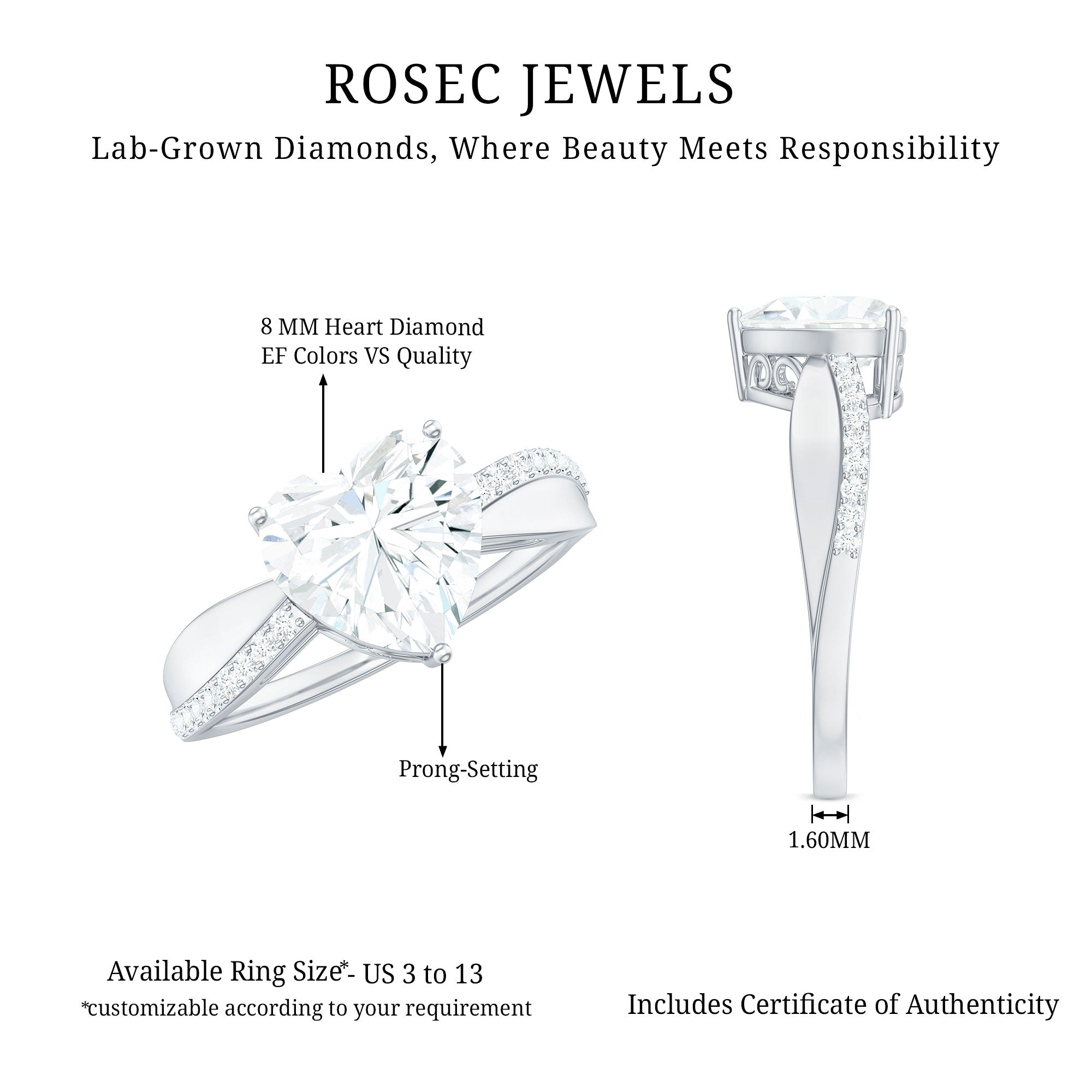 Rosec Jewels-Lab Grown Diamond Heart Engagement Ring With Bypass Details