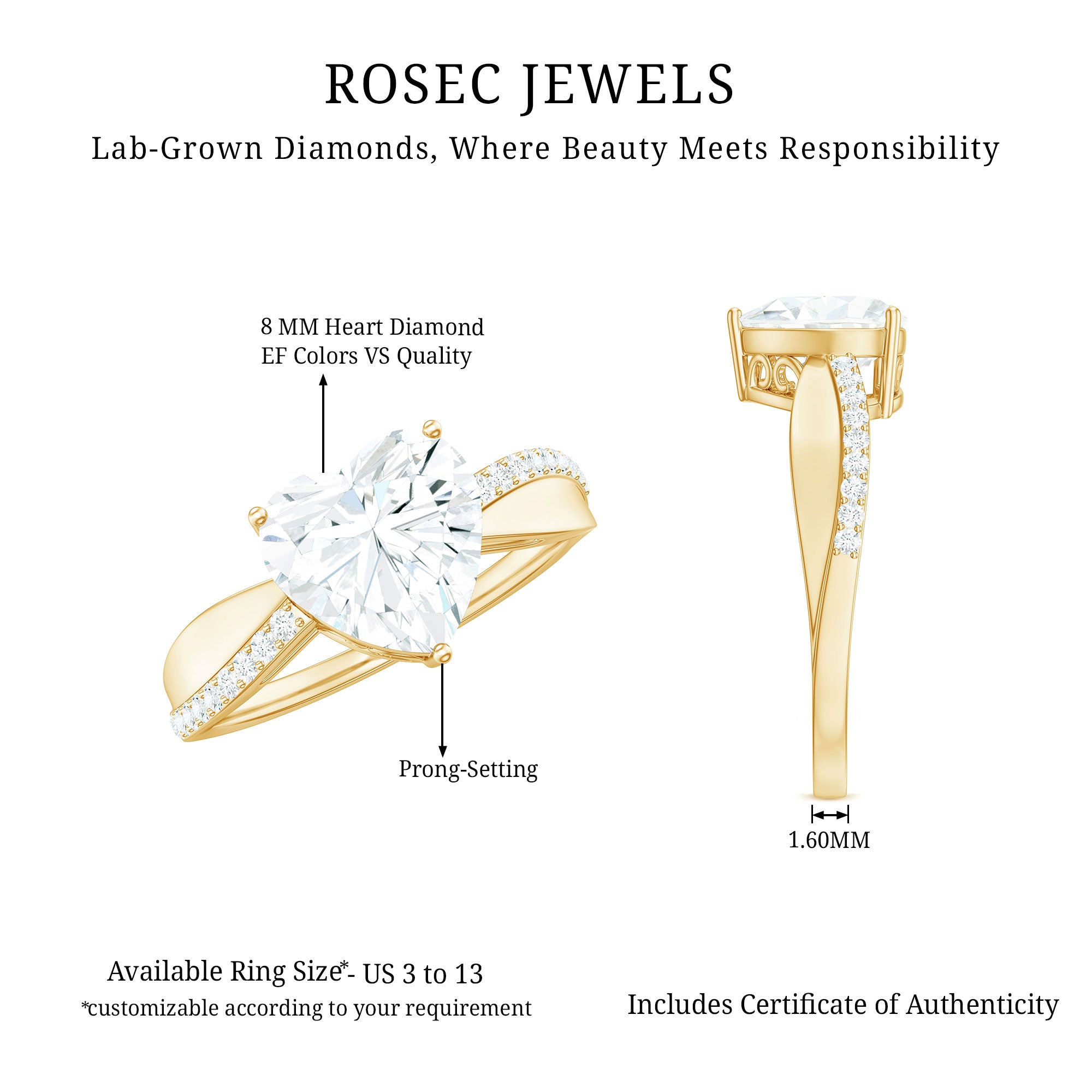 Rosec Jewels-Lab Grown Diamond Heart Engagement Ring With Bypass Details