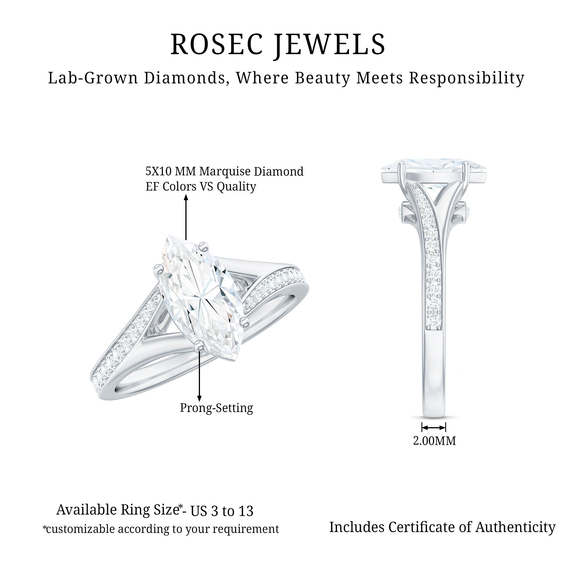 Rosec Jewels-Brilliant Cut Lab Grown Diamond Marquise Engagement Ring with Split Shank