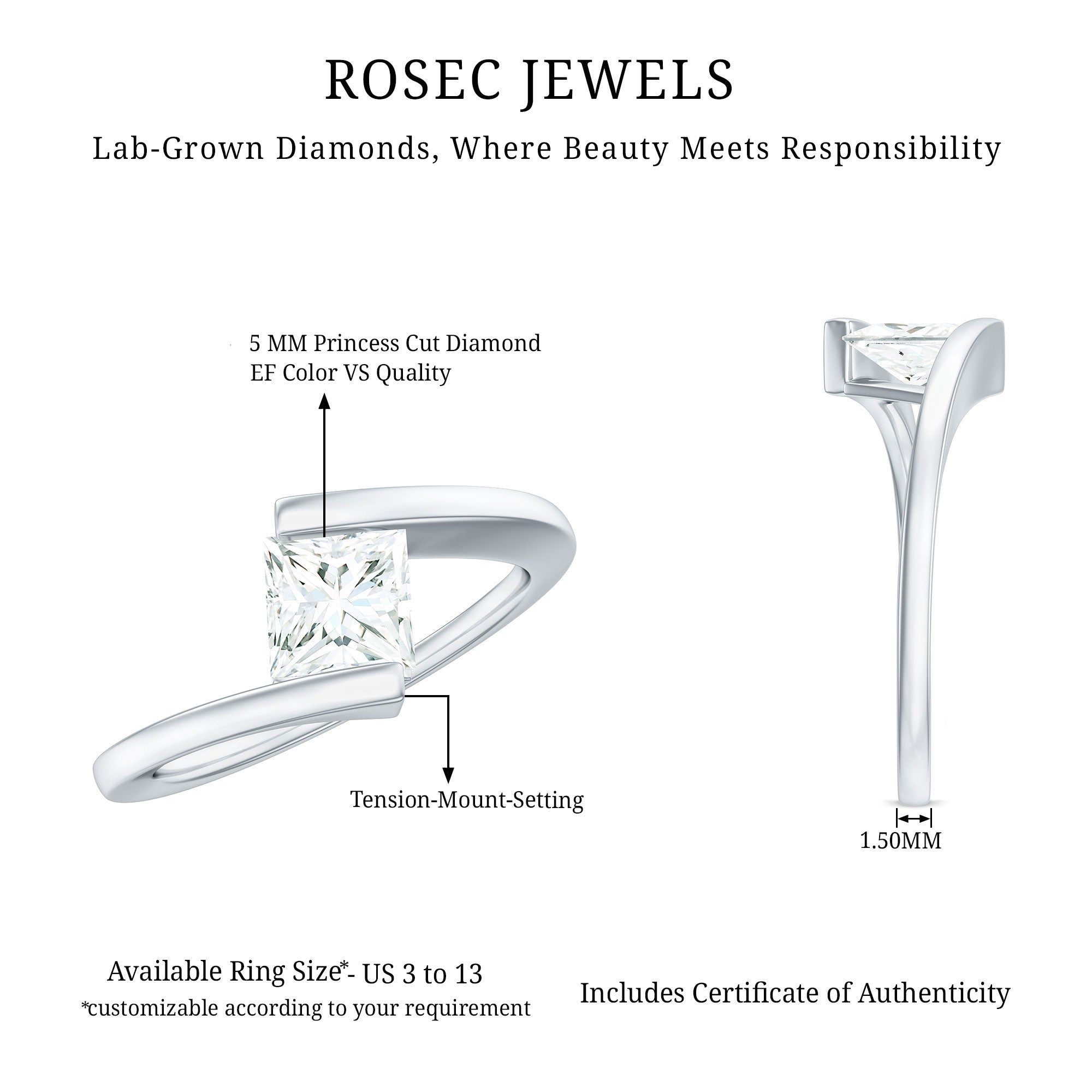 Rosec Jewels-5 mm Princess Cut Lab Grown Diamond Ring With Tension Setting