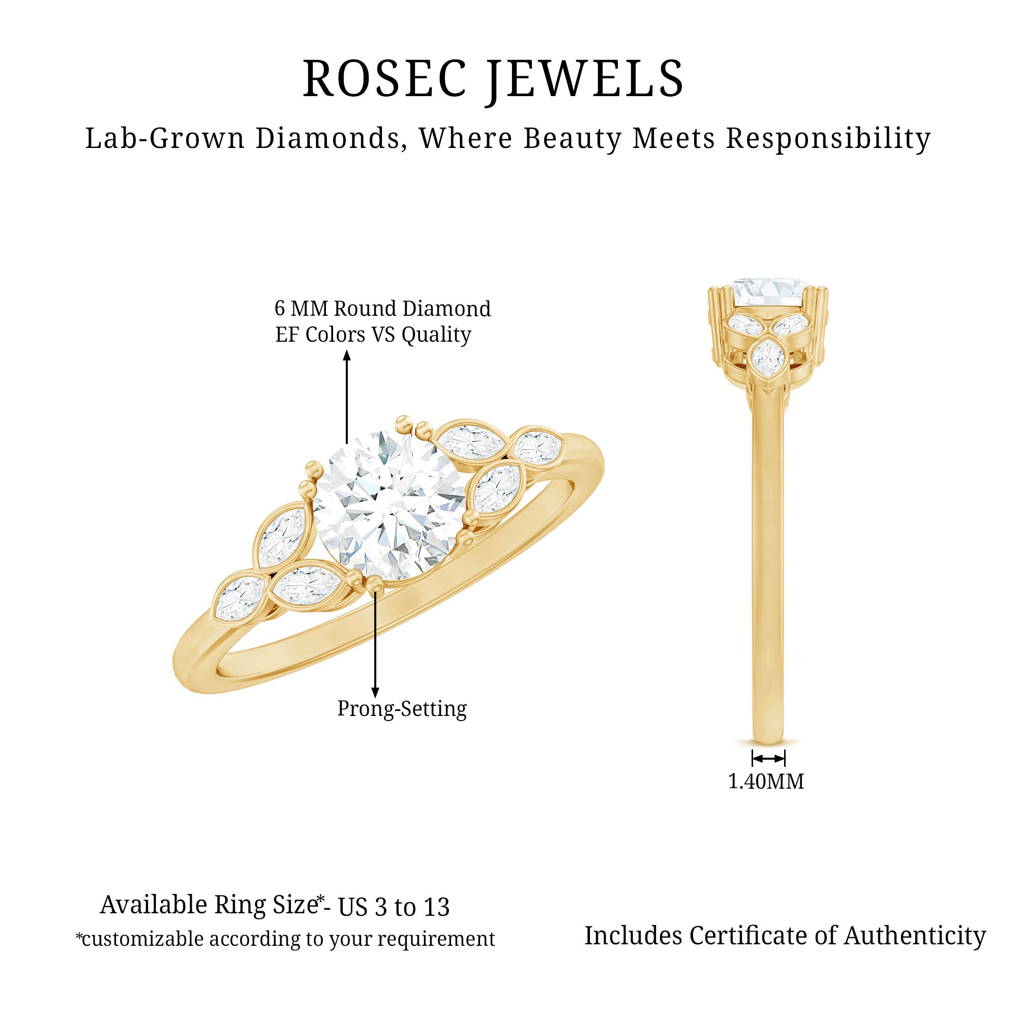 Rosec Jewels-Certified 6 MM Round Diamond Promise Engagement Ring For Her