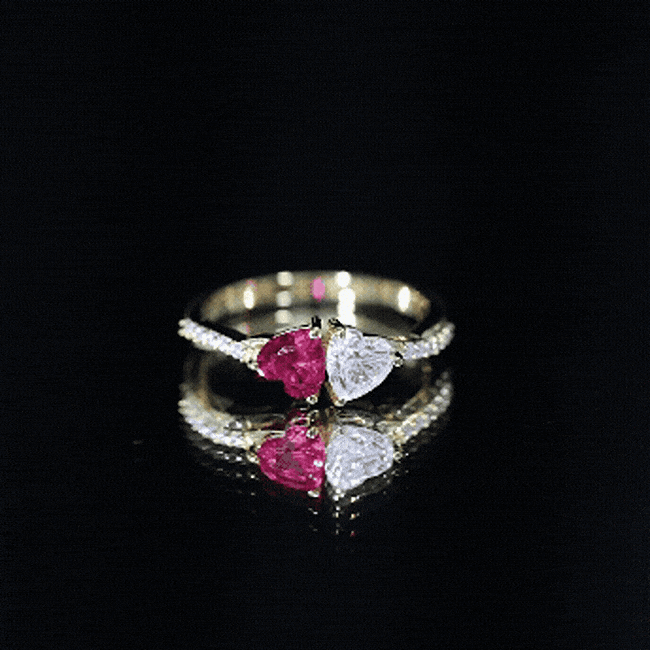 Lab Grown Ruby 2 Heart Promise Ring in Silver AAAA 14K Yellow Gold Plated Silver - Rosec Jewels