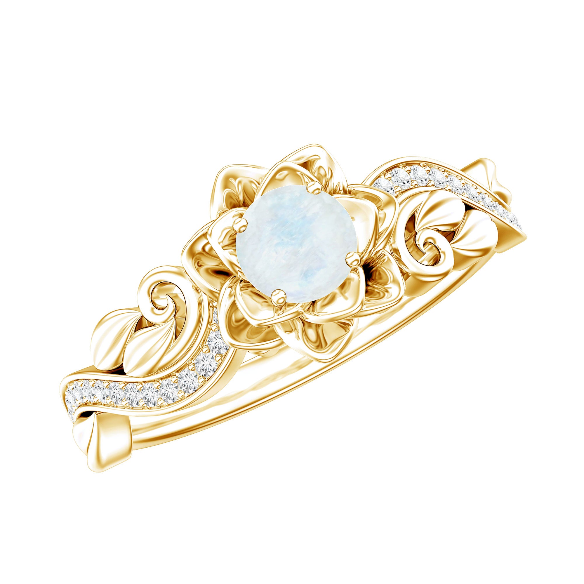 Genuine Moonstone and Diamond Blooming Engagement Ring in Silver AAA 14K Yellow Gold Plated Silver - Rosec Jewels