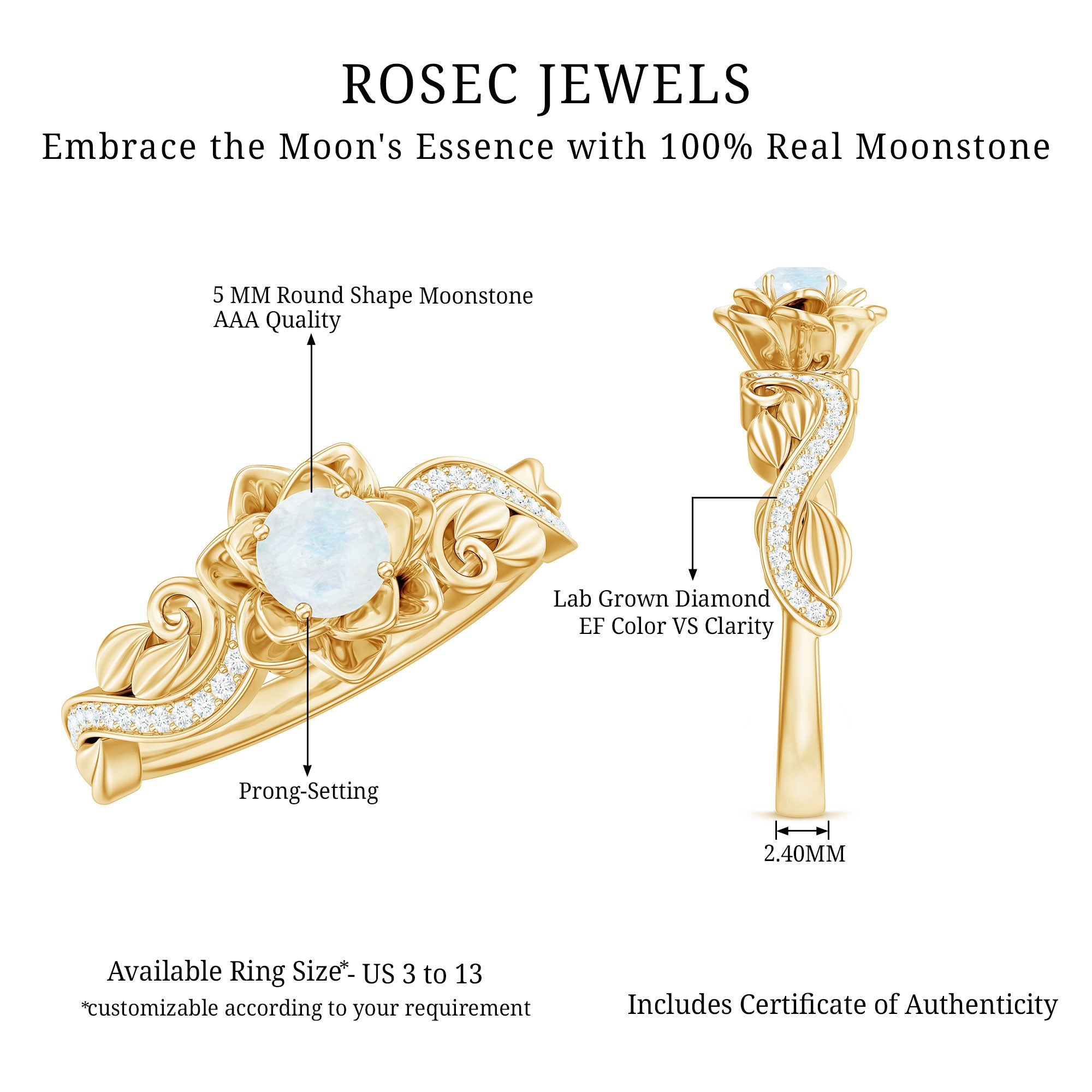 Rosec Jewels-Nature Inspired Moonstone and Diamond Engagement Ring in Silver