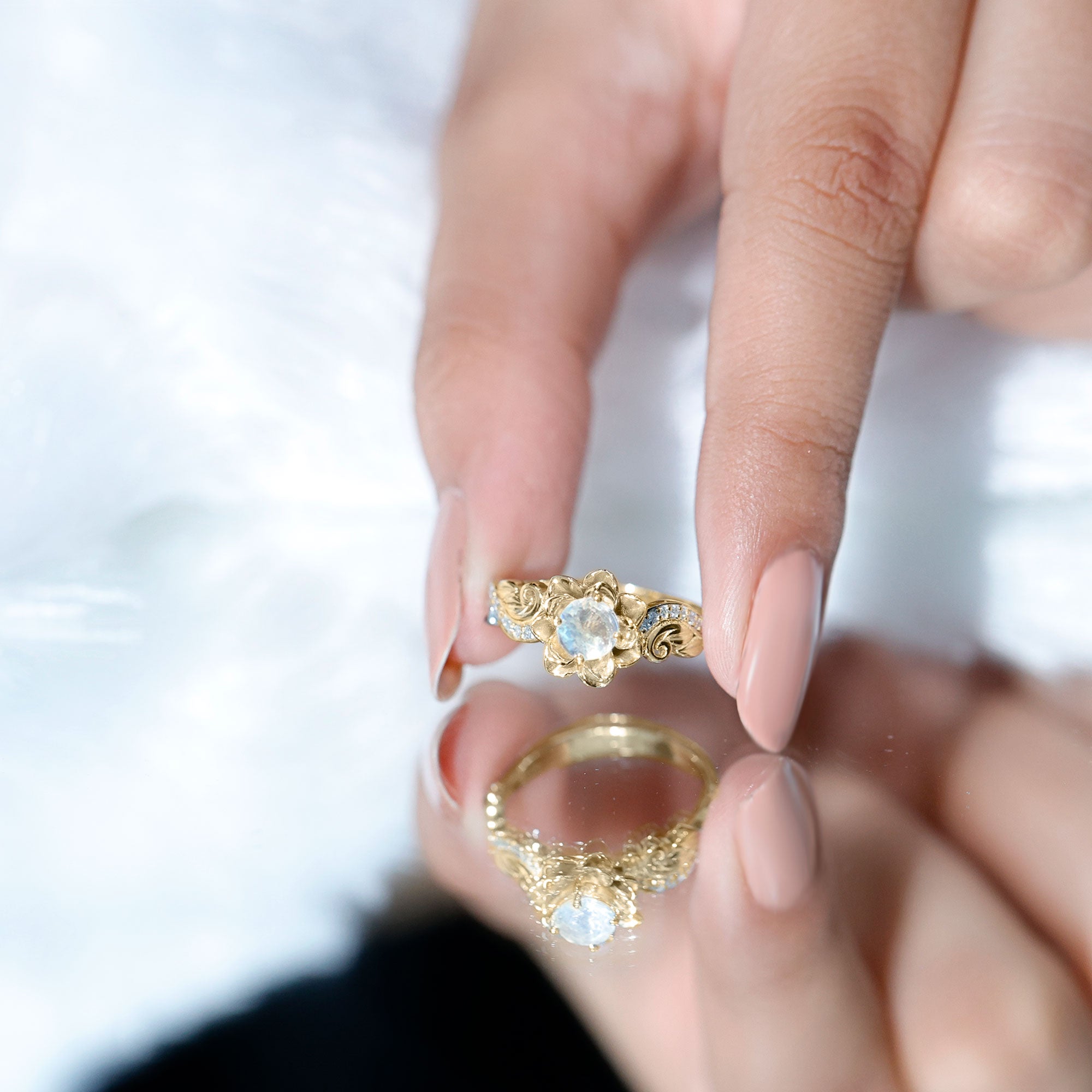 Rosec Jewels-Nature Inspired Moonstone and Diamond Engagement Ring in Silver