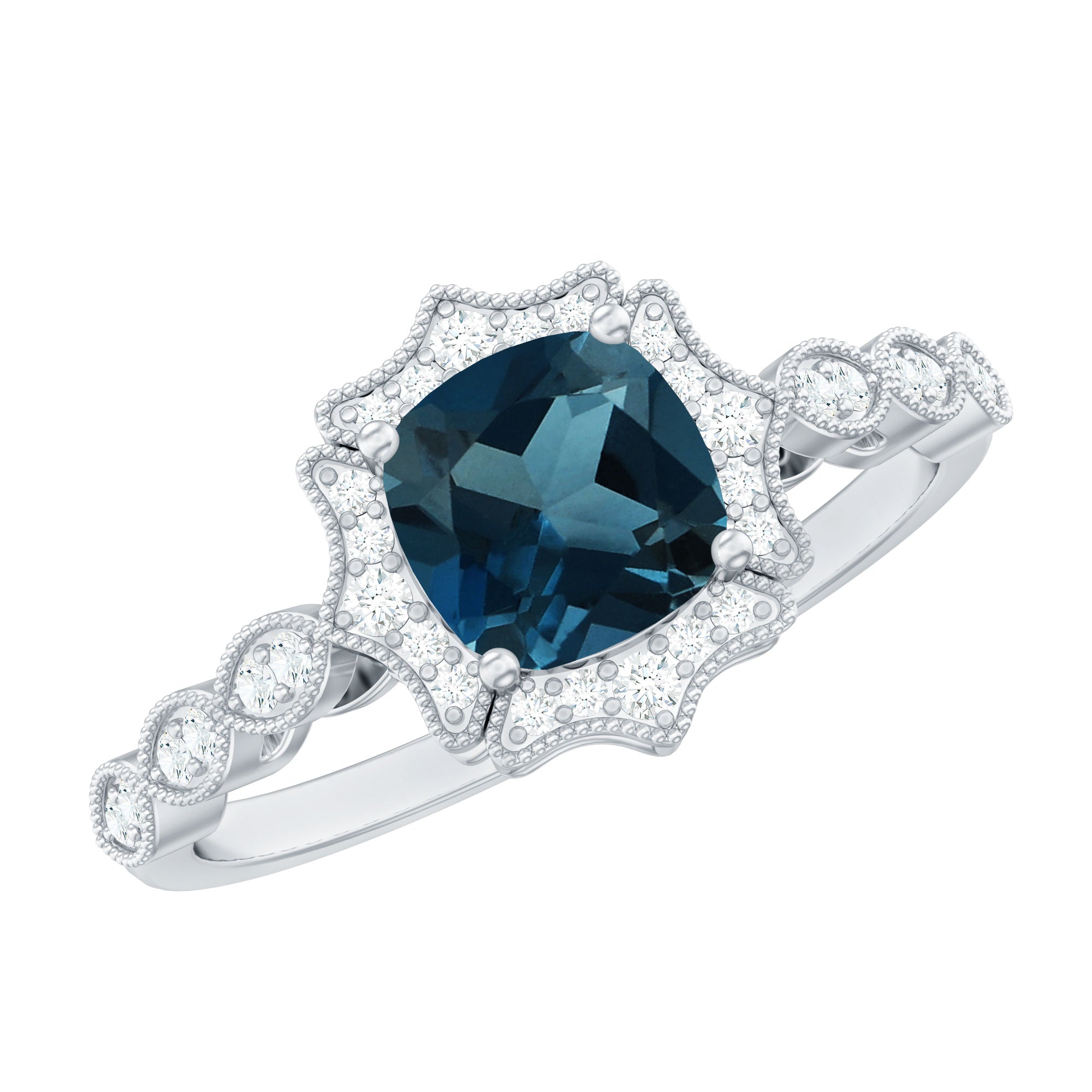 Rosec Jewels-London Blue Topaz Antique Looking Engagement Ring with Moissanite Halo