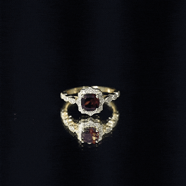 Garnet Vintage Engagement Ring with Lab Diamond Halo AAA 14K Yellow Gold Plated Silver - Rosec Jewels