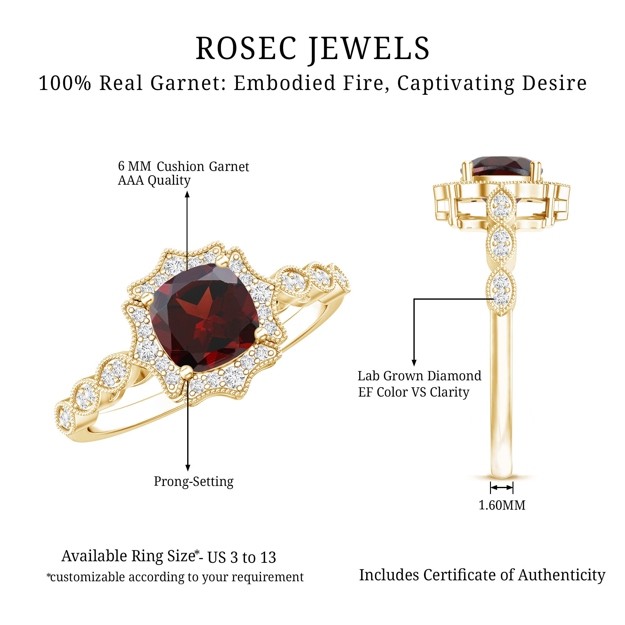 Garnet Vintage Engagement Ring with Lab Diamond Halo AAA 14K Yellow Gold Plated Silver - Rosec Jewels