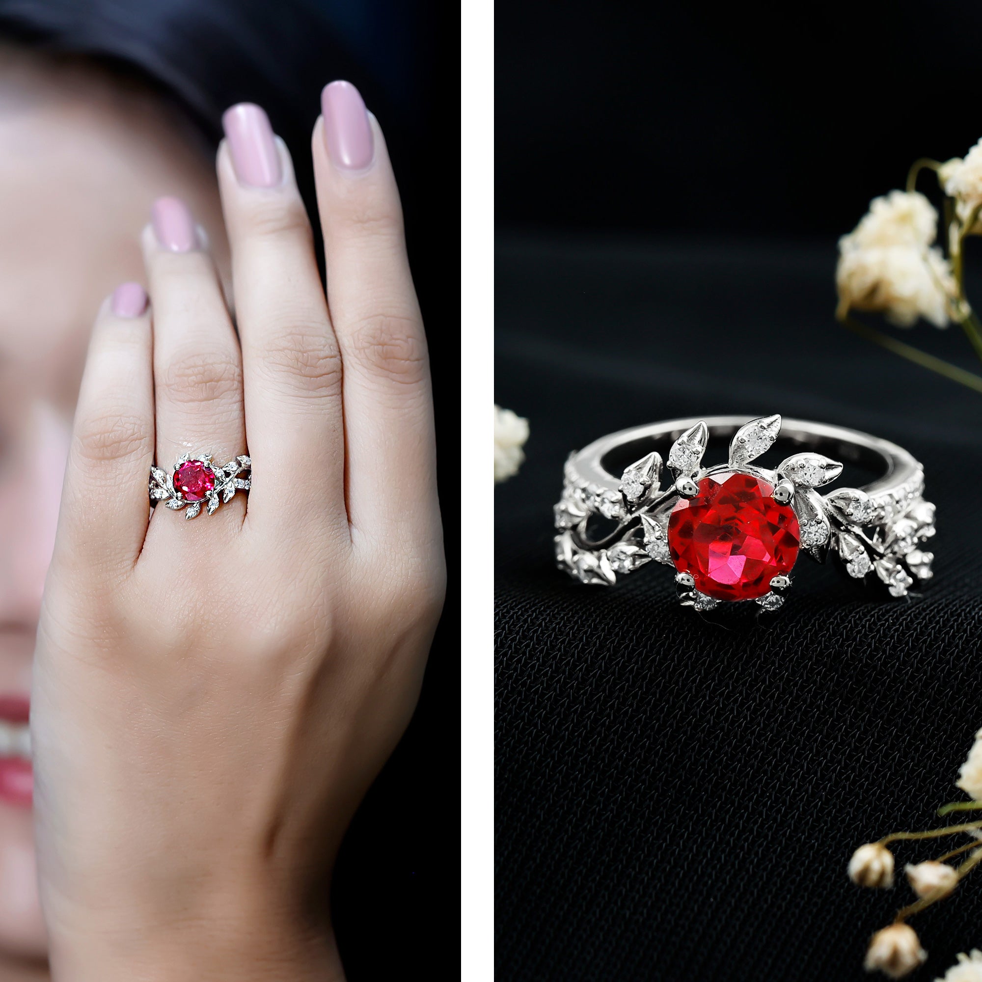 Rosec Jewels-Certified Lab Grown Ruby Diamond Vine Engagement Ring