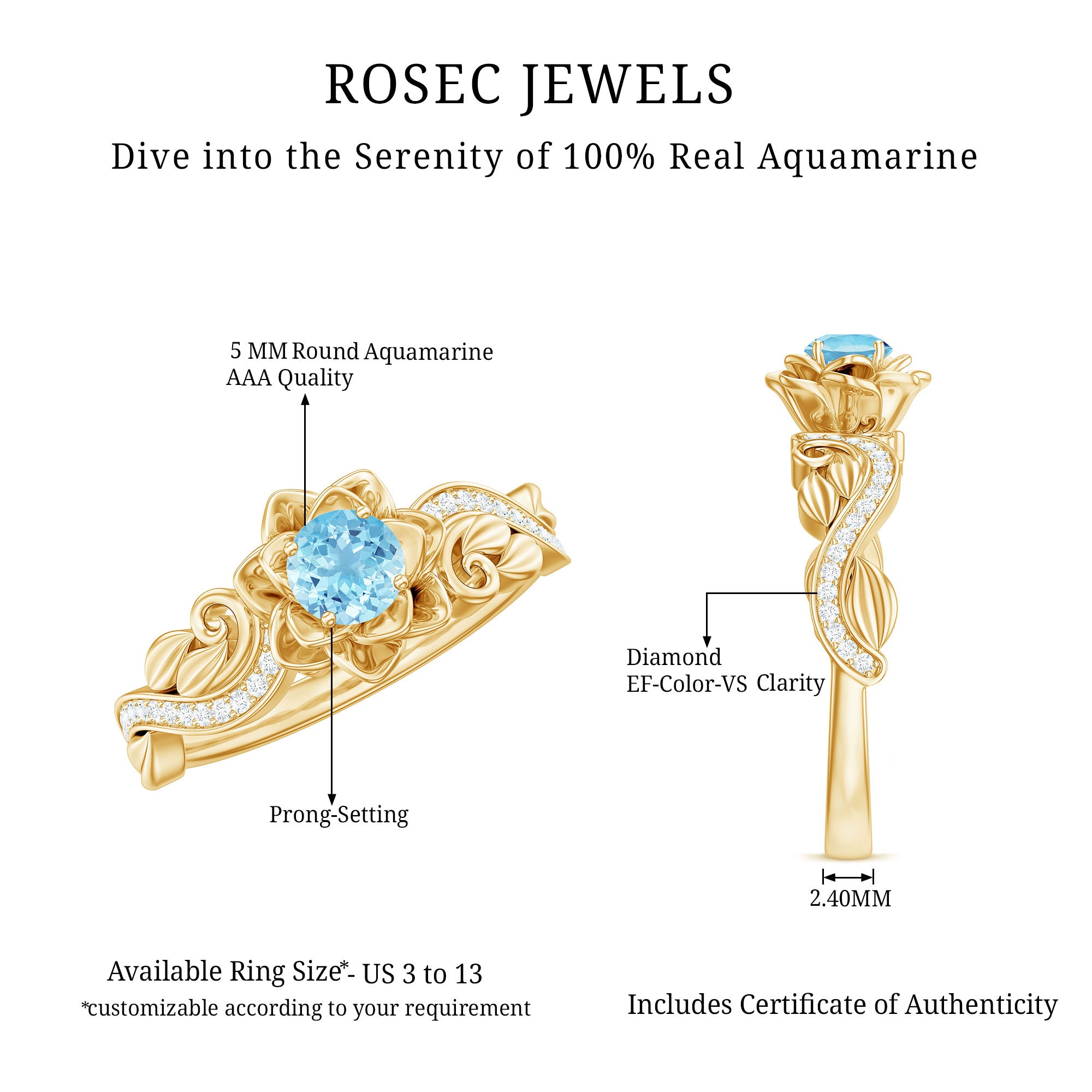 Rosec Jewels-Natural Aquamarine Flower Engagement Ring in Gold Plated Silver