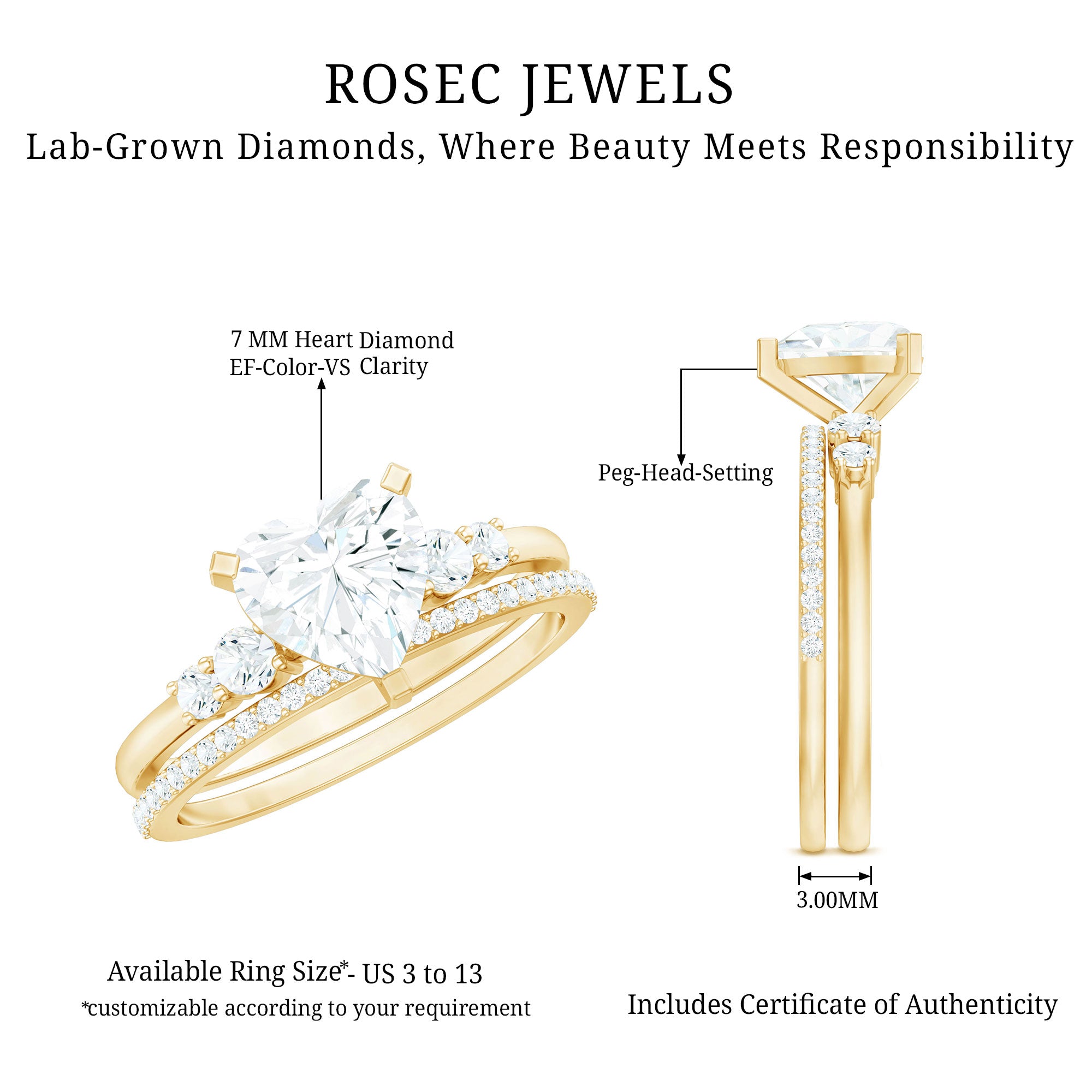 Rosec Jewels-Certified Lab Grown Diamond 7MM Heart Bridal Ring Set