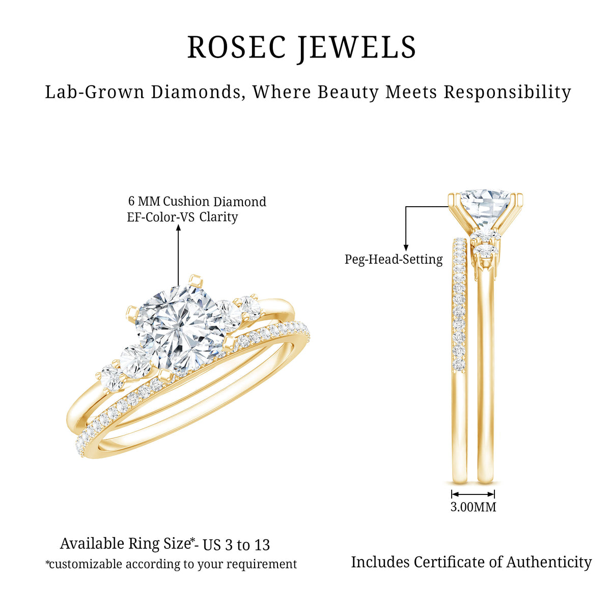 IGI Certified 1 Carat Lab Grown Diamond Cushion Engagement Ring with Wedding Band Lab - ( E-VS1 ) - Rosec Jewels