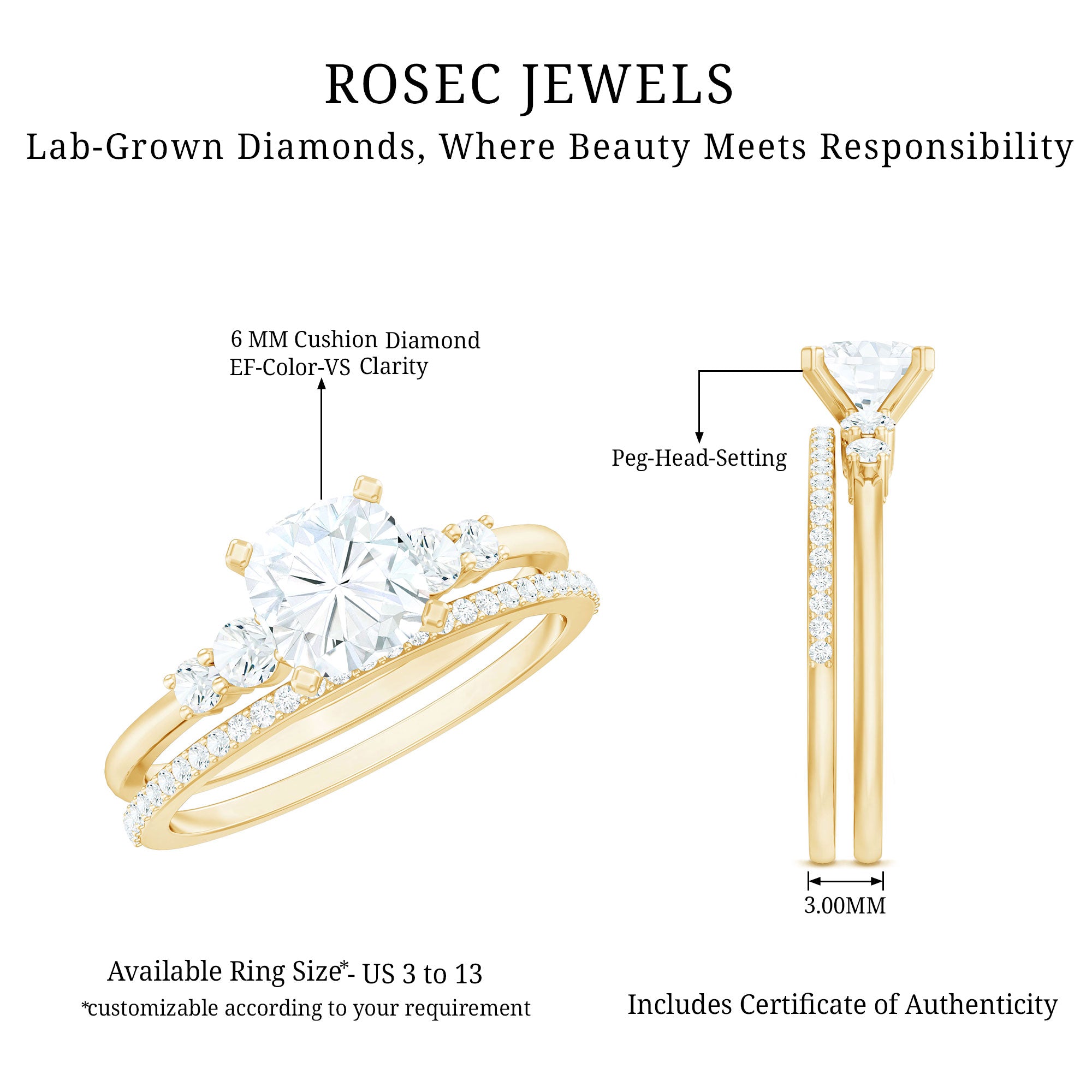 Rosec Jewels-Lab Grown Diamond 6 MM Cushion Engagement Ring with Wedding band