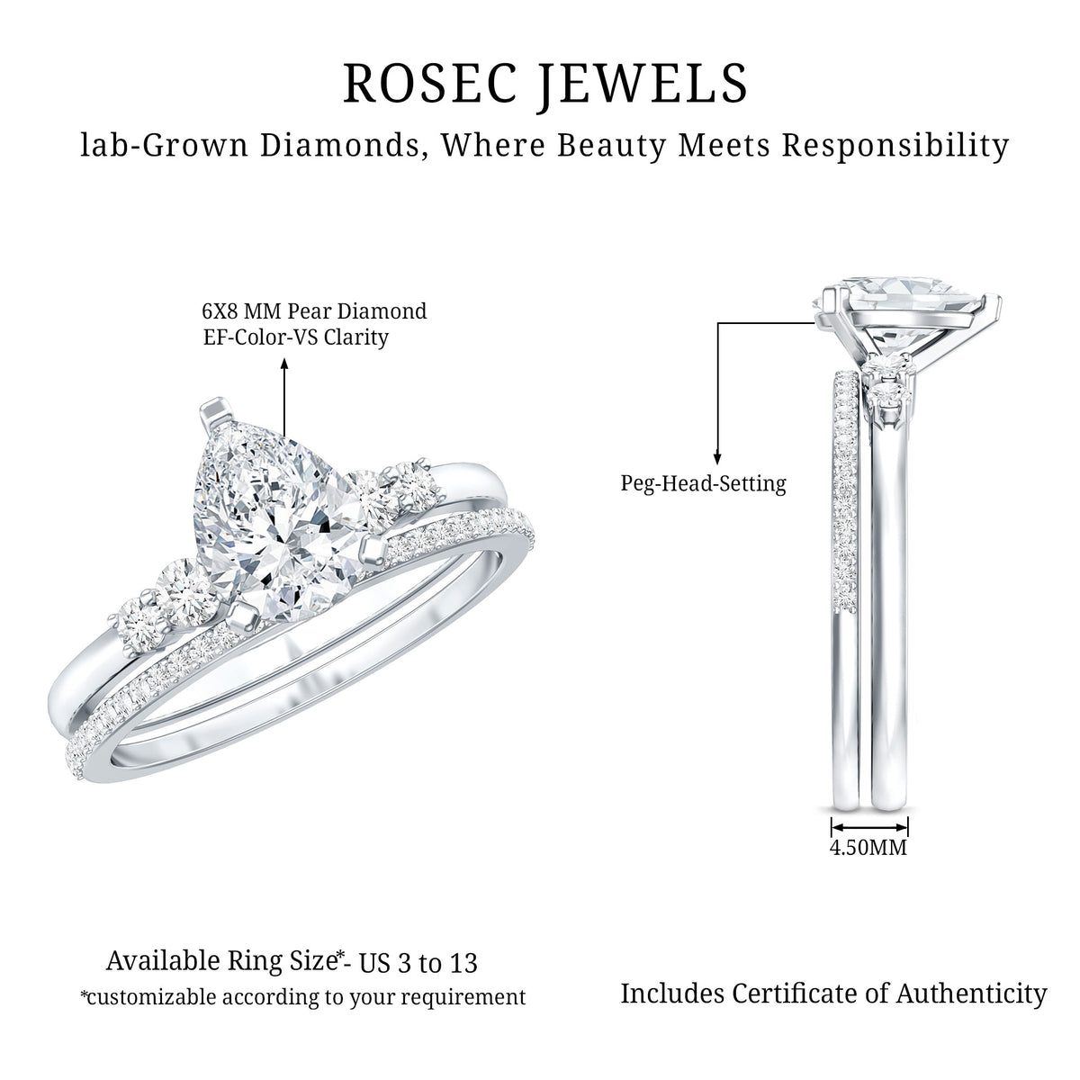 1.3 Carat Certified Lab Grown Diamond Teardrop Bridal Ring Set Lab - ( EF-VS ) - Rosec Jewels